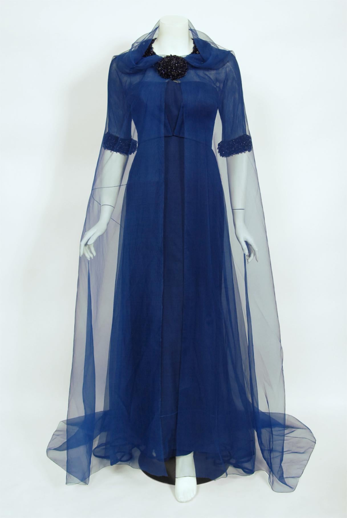 Vintage 1960s Madame Grès Haute Couture Blue Beaded Sheer Silk Trained Gown 11