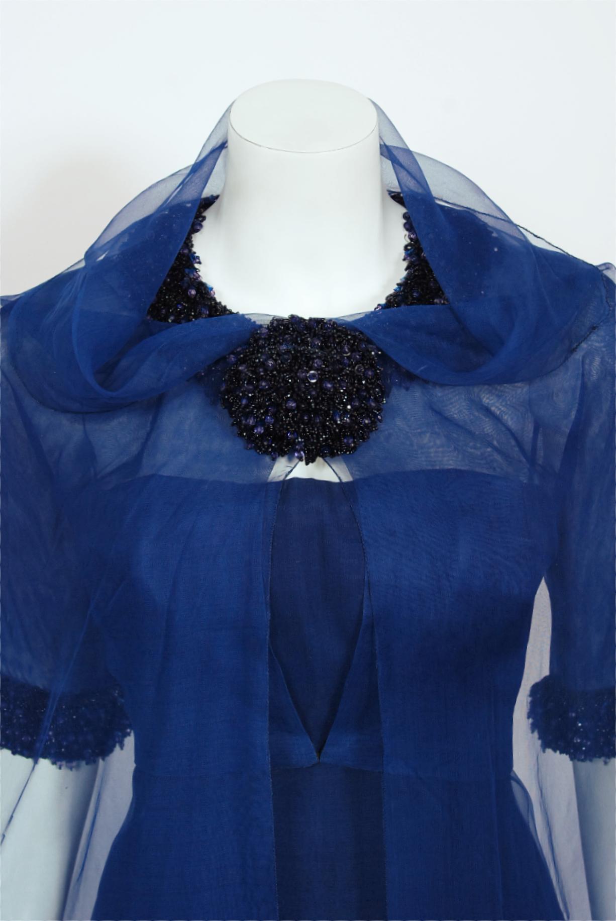 Vintage 1960s Madame Grès Haute Couture Blue Beaded Sheer Silk Trained Gown 12