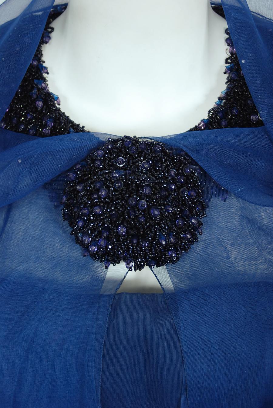 Vintage 1960s Madame Grès Haute Couture Blue Beaded Sheer Silk Trained Gown 13