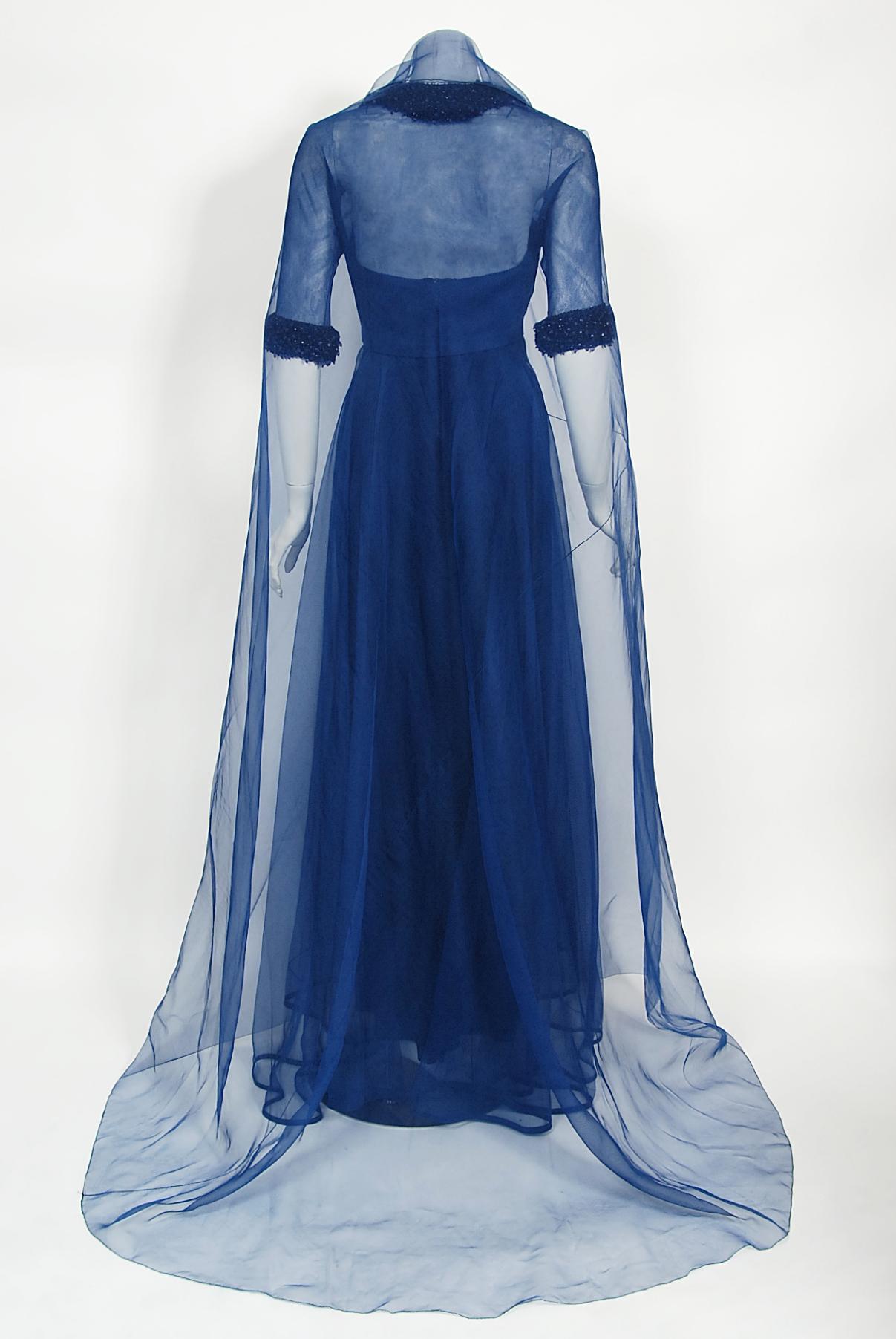 Vintage 1960s Madame Grès Haute Couture Blue Beaded Sheer Silk Trained Gown 14