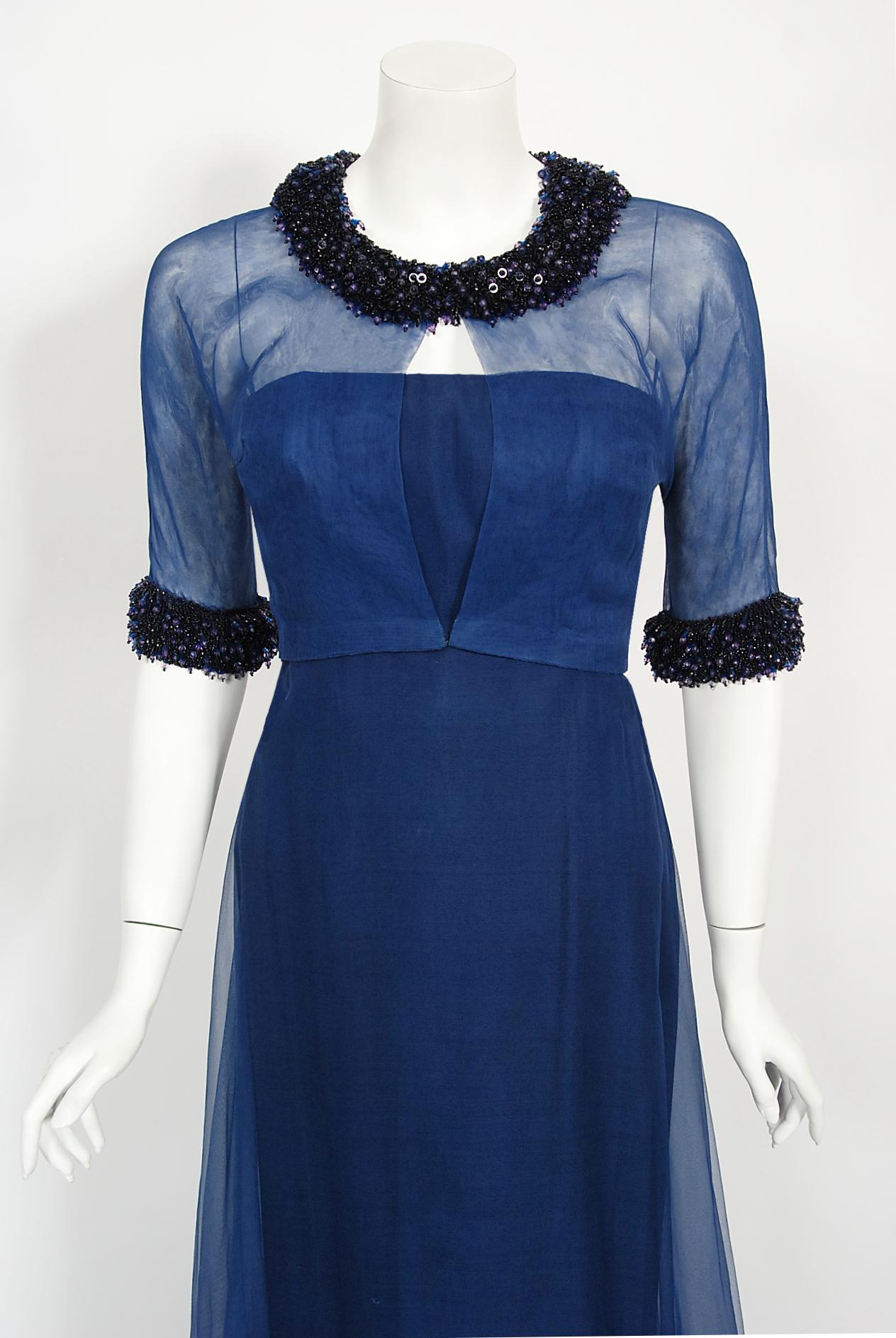 Vintage 1960s Madame Grès Haute Couture Blue Beaded Sheer Silk Trained Gown In Good Condition In Beverly Hills, CA