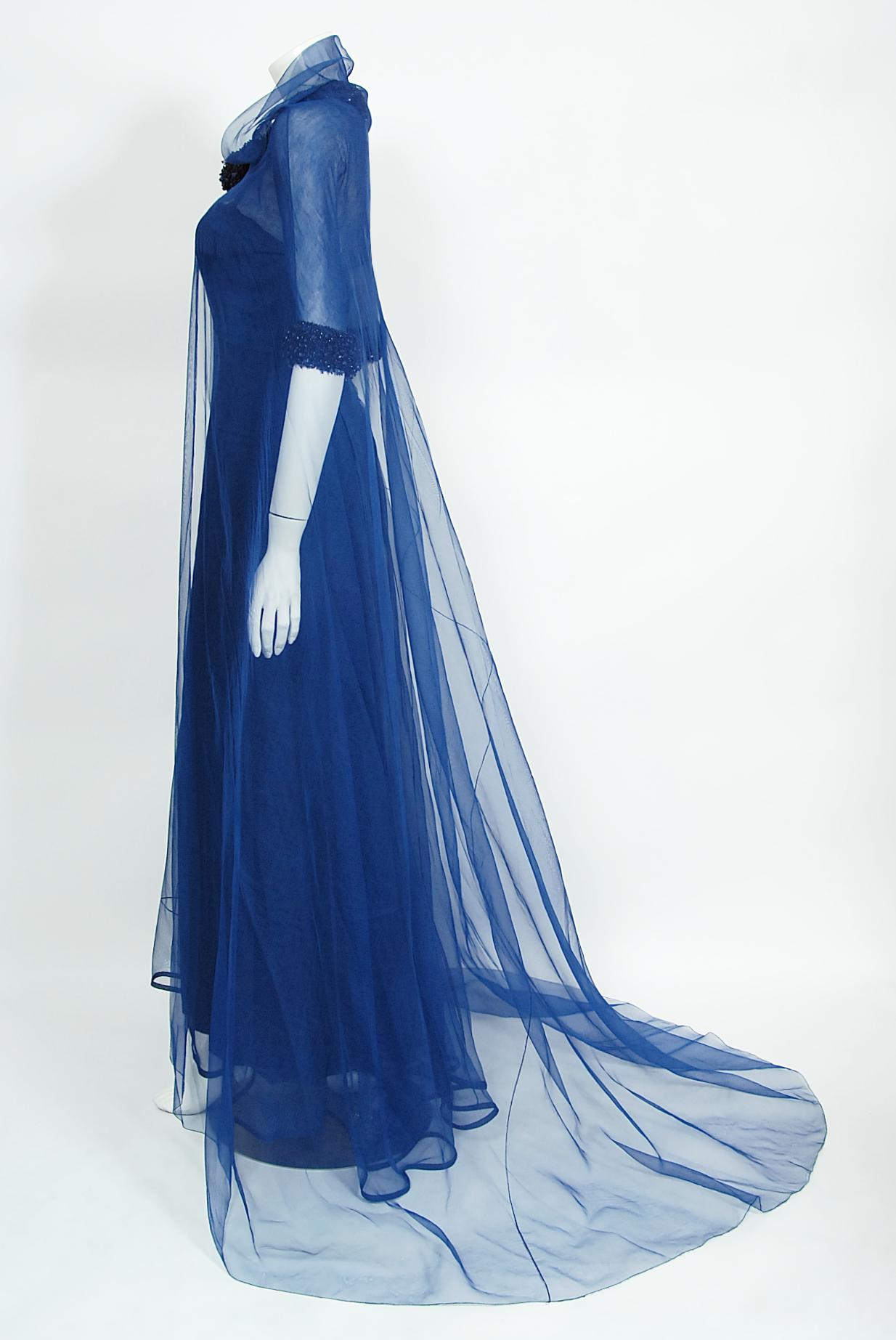 Vintage 1960s Madame Grès Haute Couture Blue Beaded Sheer Silk Trained Gown 1