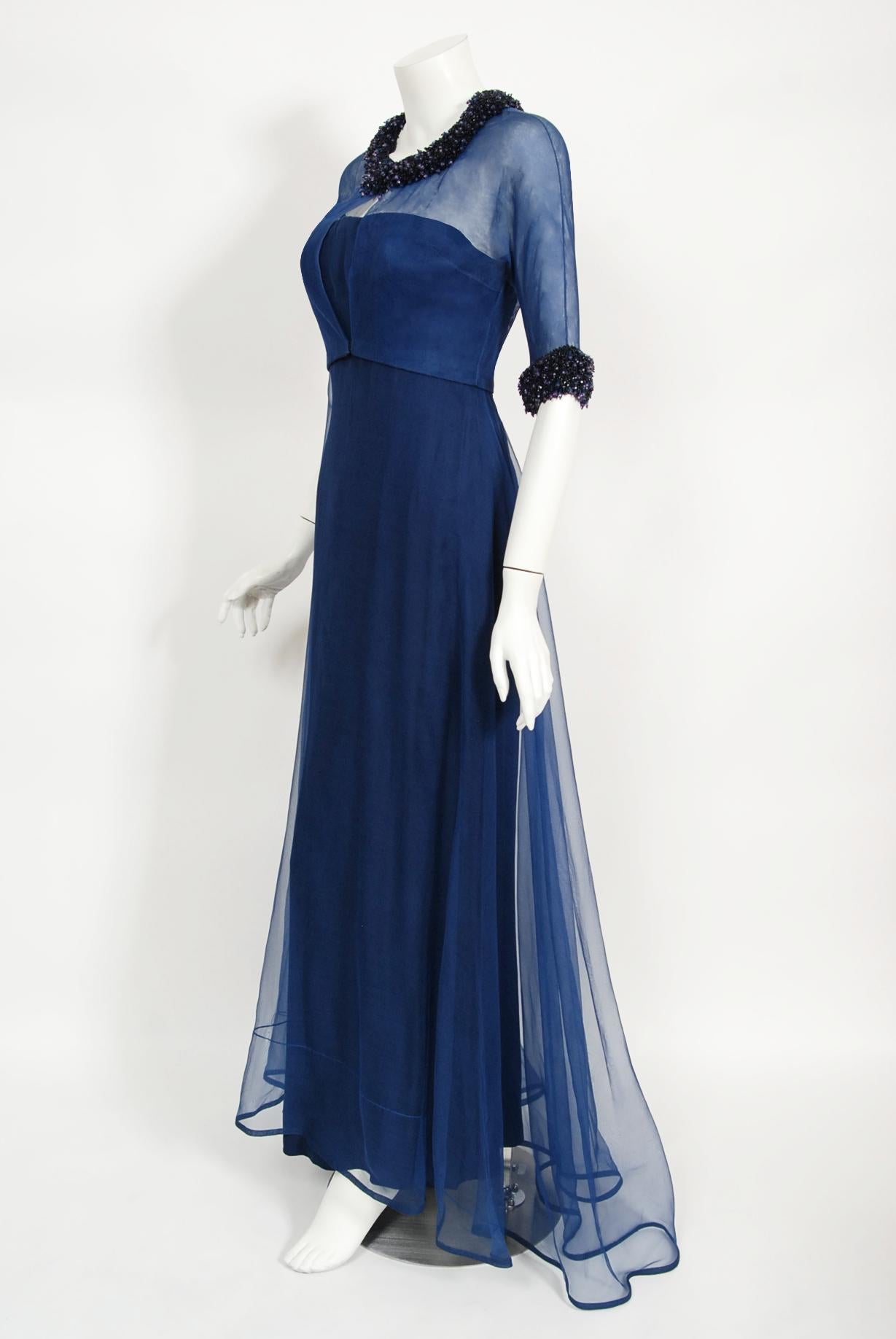 Vintage 1960s Madame Grès Haute Couture Blue Beaded Sheer Silk Trained Gown 2