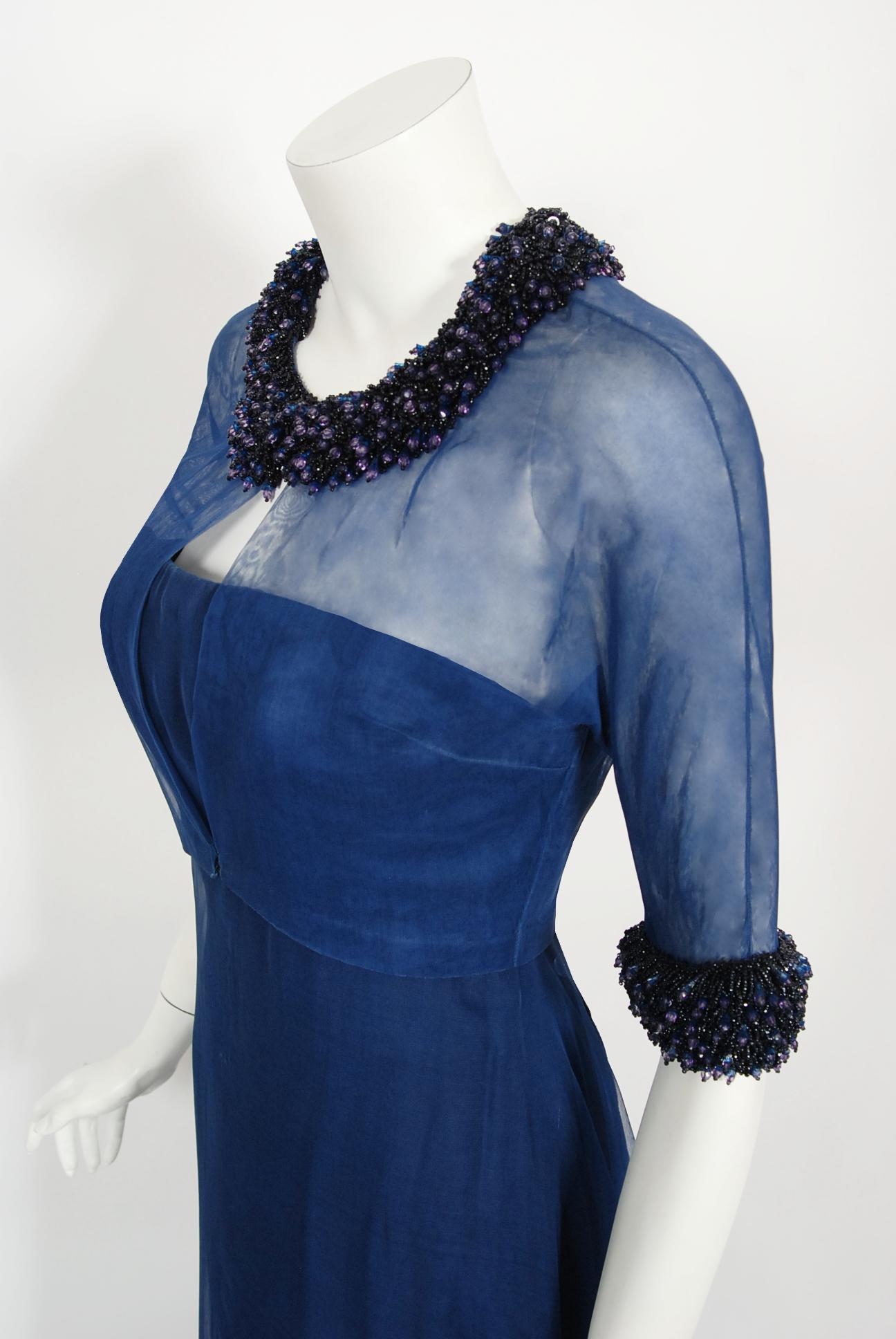 Vintage 1960s Madame Grès Haute Couture Blue Beaded Sheer Silk Trained Gown 3