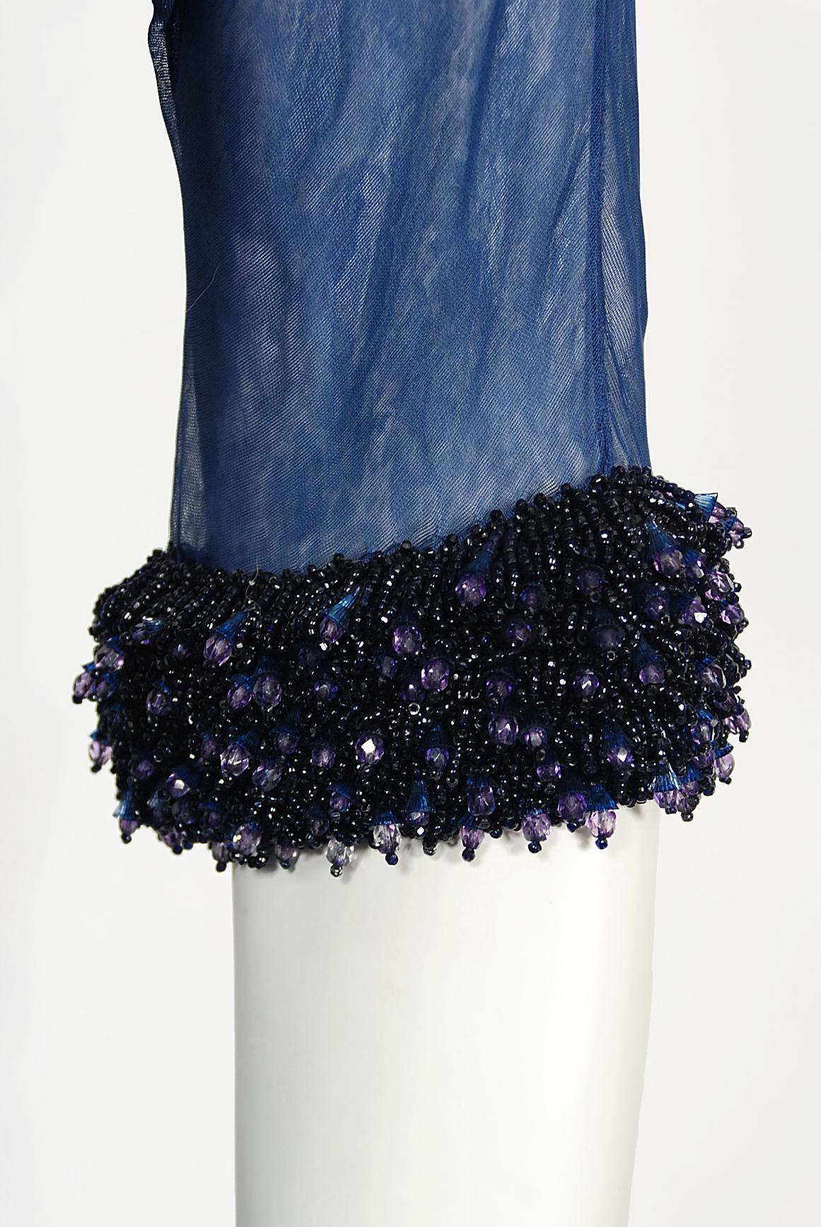 Vintage 1960s Madame Grès Haute Couture Blue Beaded Sheer Silk Trained Gown 4