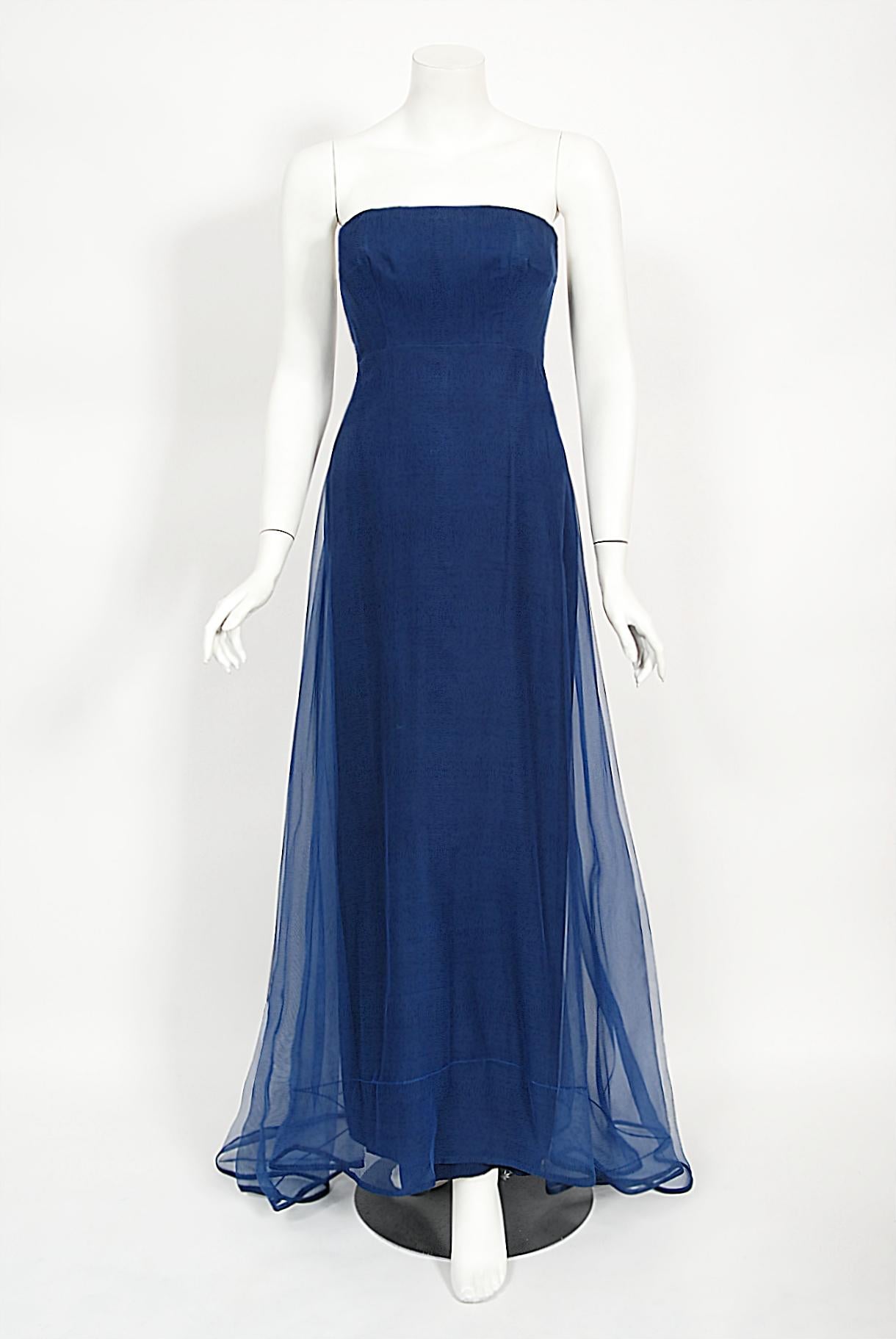 Vintage 1960s Madame Grès Haute Couture Blue Beaded Sheer Silk Trained Gown 5