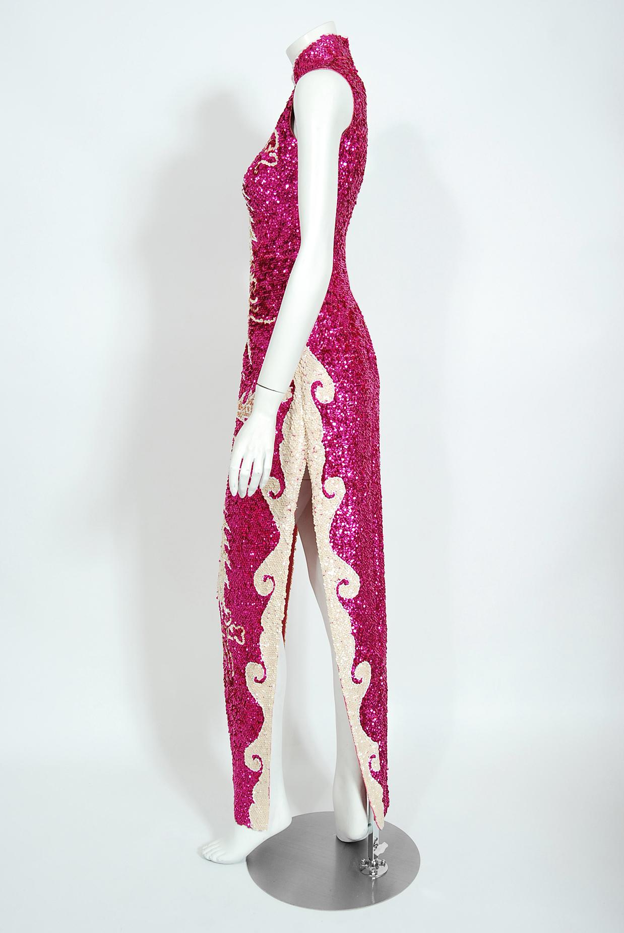 Vintage 1960's Magenta-Pink Sequin Beaded Phoenix Bird Hourglass Cheongsam Gown 3