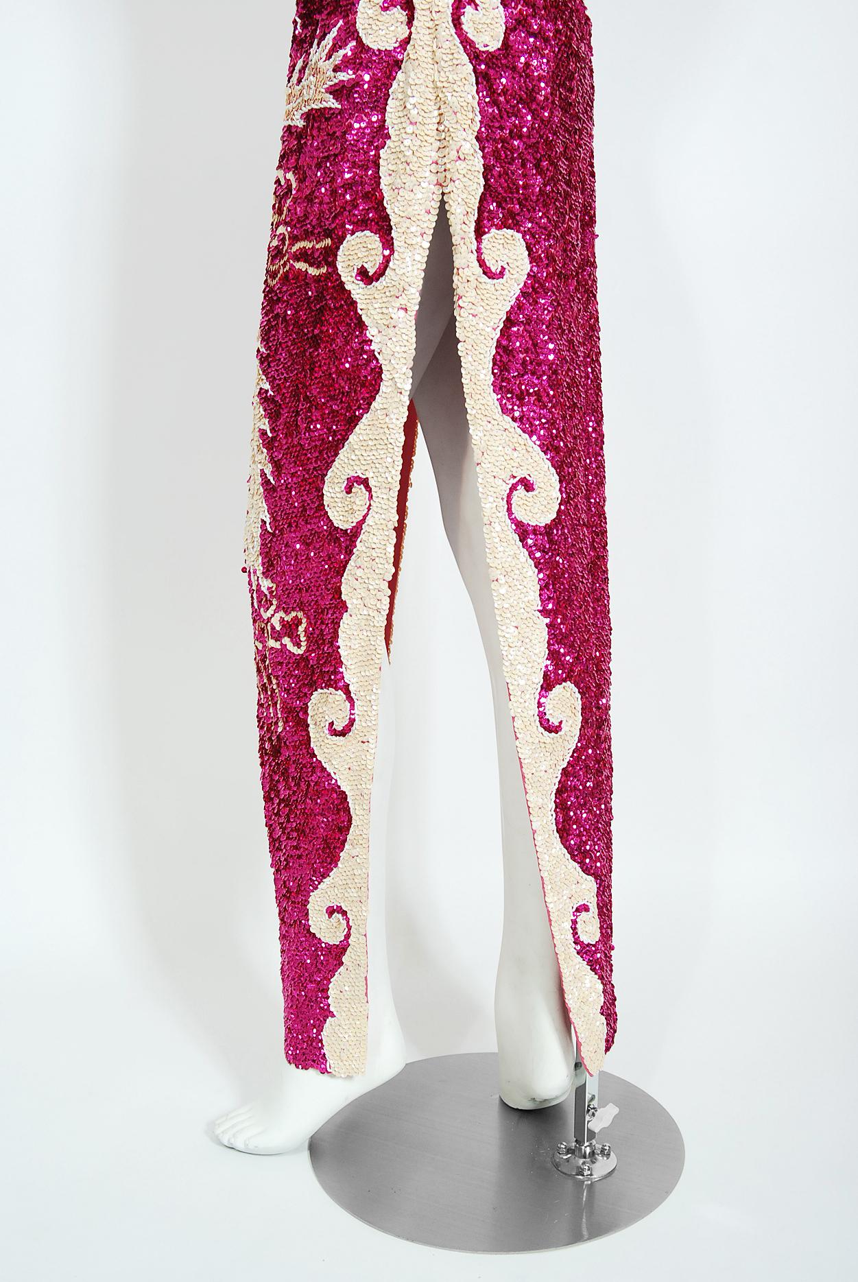 Vintage 1960's Magenta-Pink Sequin Beaded Phoenix Bird Hourglass Cheongsam Gown 4