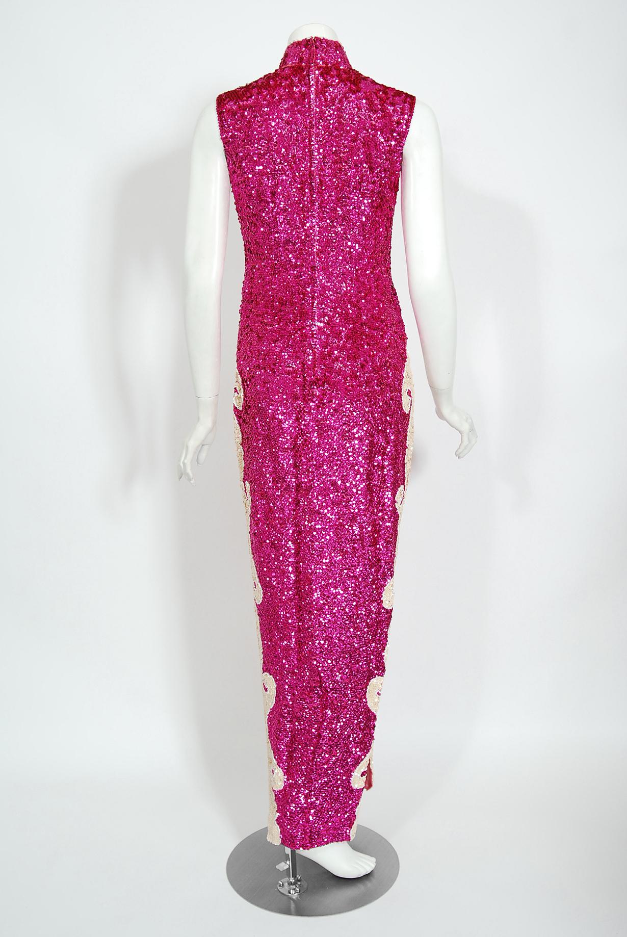 Vintage 1960's Magenta-Pink Sequin Beaded Phoenix Bird Hourglass Cheongsam Gown 5