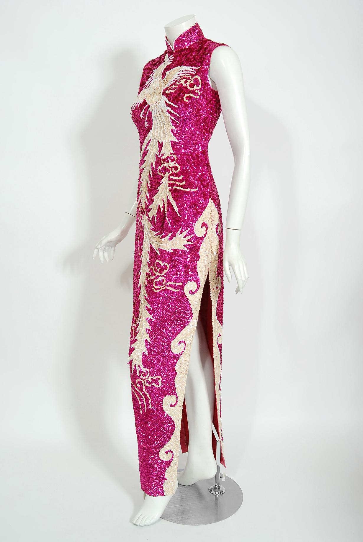 Vintage 1960's Magenta-Pink Sequin Beaded Phoenix Bird Hourglass Cheongsam Gown In Good Condition In Beverly Hills, CA