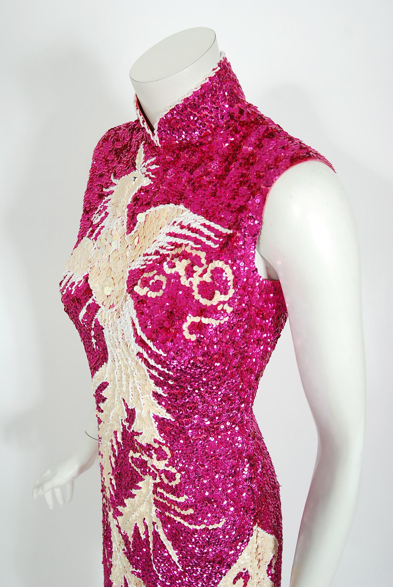 Women's Vintage 1960's Magenta-Pink Sequin Beaded Phoenix Bird Hourglass Cheongsam Gown