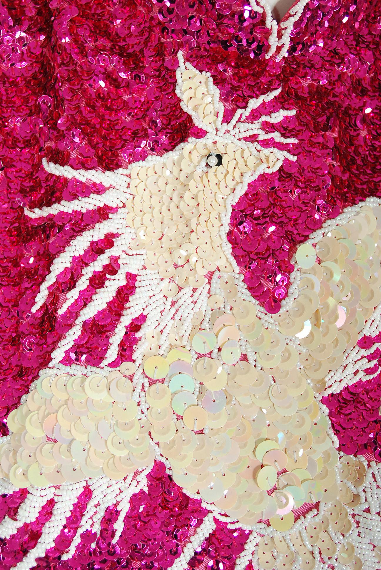 Vintage 1960's Magenta-Pink Sequin Beaded Phoenix Bird Hourglass Cheongsam Gown 1