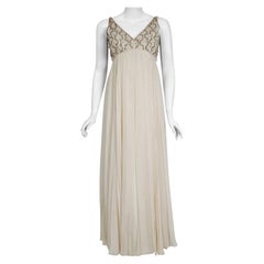 Vintage 1960's Malcolm Starr Beaded Ivory Silk-Chiffon Empire Bridal Dress Gown
