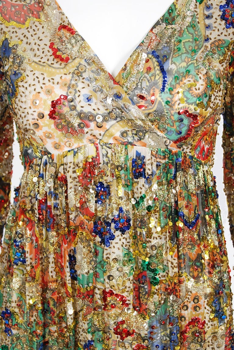 Vintage 1960s Malcolm Starr Metallic Gold Colorful Beaded Silk Empire Maxi Dress In Good Condition For Sale In Beverly Hills, CA