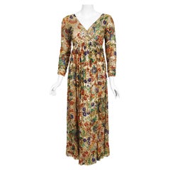 Vintage 1960s Malcolm Starr Metallic Gold Colorful Beaded Silk Empire Maxi Dress