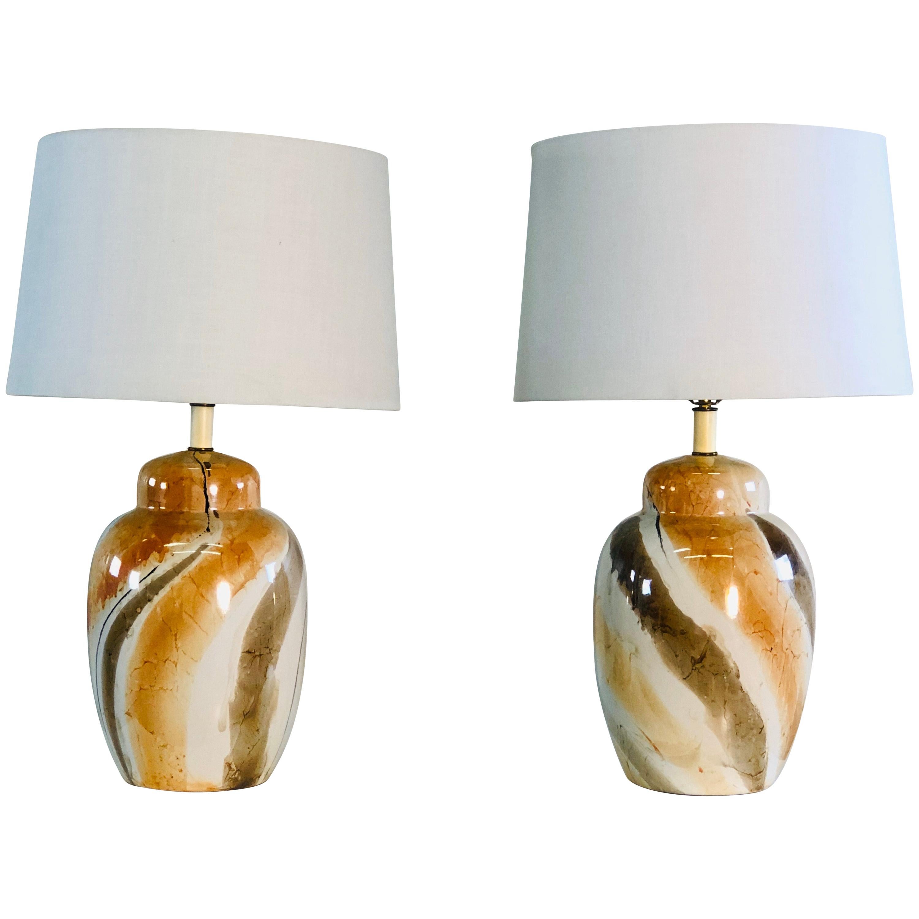 Vintage 1960s Marblized Ceramic Table Lamps, Pair For Sale