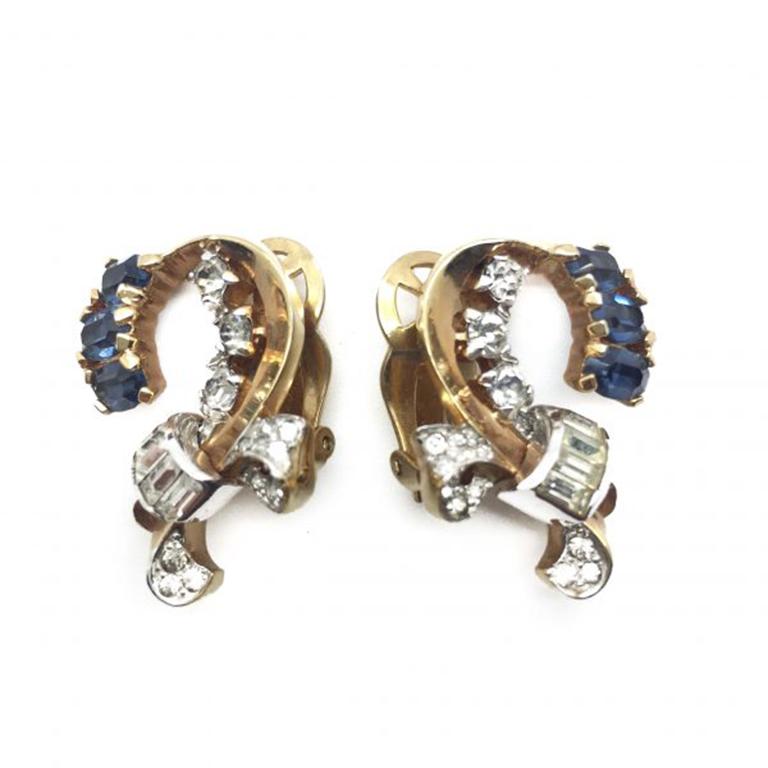 Vintage 1960’S Mazer Faux Sapphire & Diamond Clip Earrings In Good Condition In Wilmslow, GB