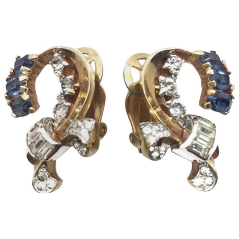 Vintage 1960’S Mazer Faux Sapphire & Diamond Clip Earrings
