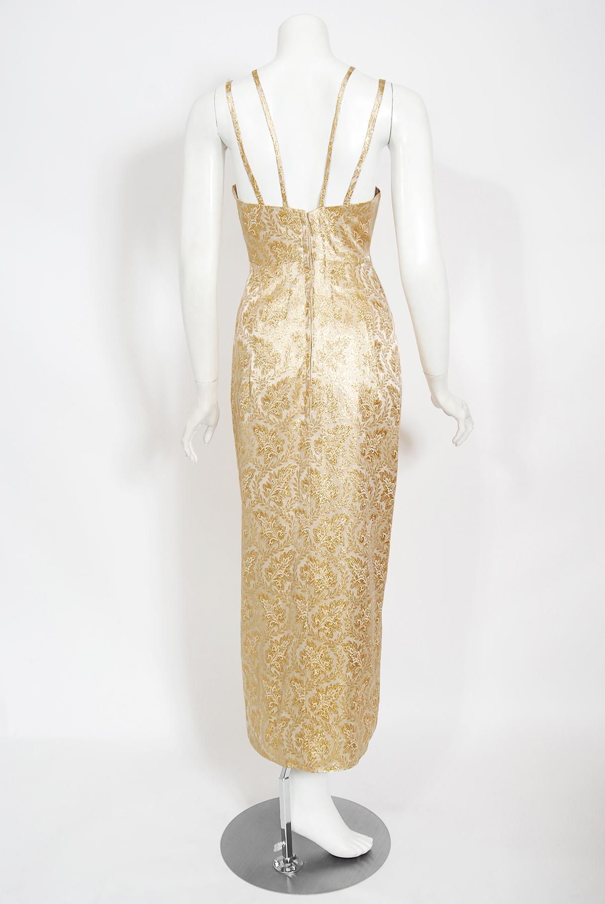 1960er Jahre Metallic Gold Brokat Abnehmbares Sanduhr-Göttin-Kleid aus den 1960er Jahren 7
