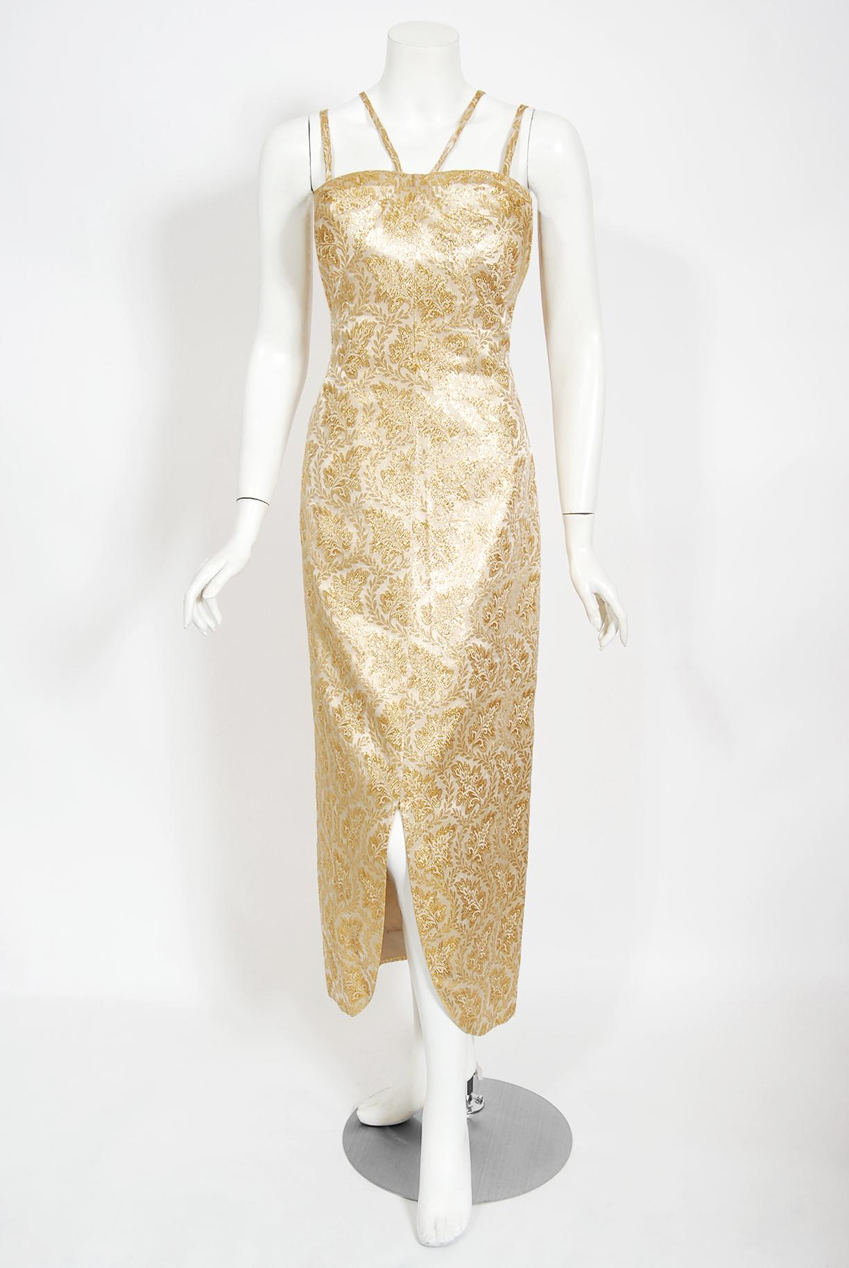 1960er Jahre Metallic Gold Brokat Abnehmbares Sanduhr-Göttin-Kleid aus den 1960er Jahren 3