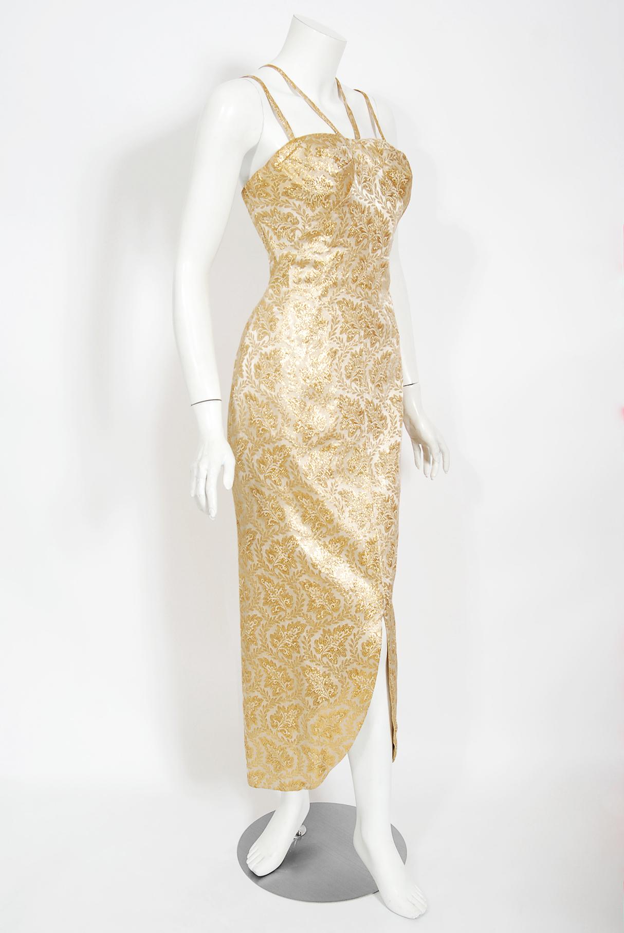 1960er Jahre Metallic Gold Brokat Abnehmbares Sanduhr-Göttin-Kleid aus den 1960er Jahren 4