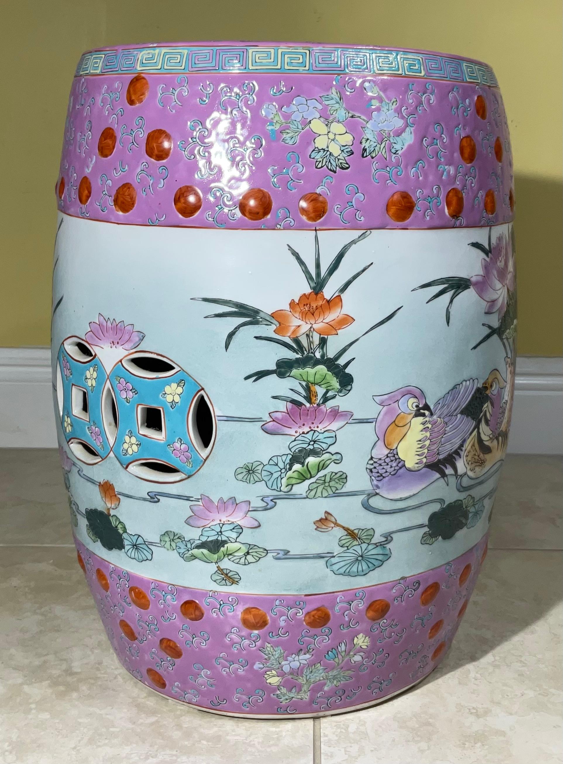 Hand-Crafted Vintage 1960s Mid-Century Chinese Famille Rose Pink Ceramic Garden Stool For Sale