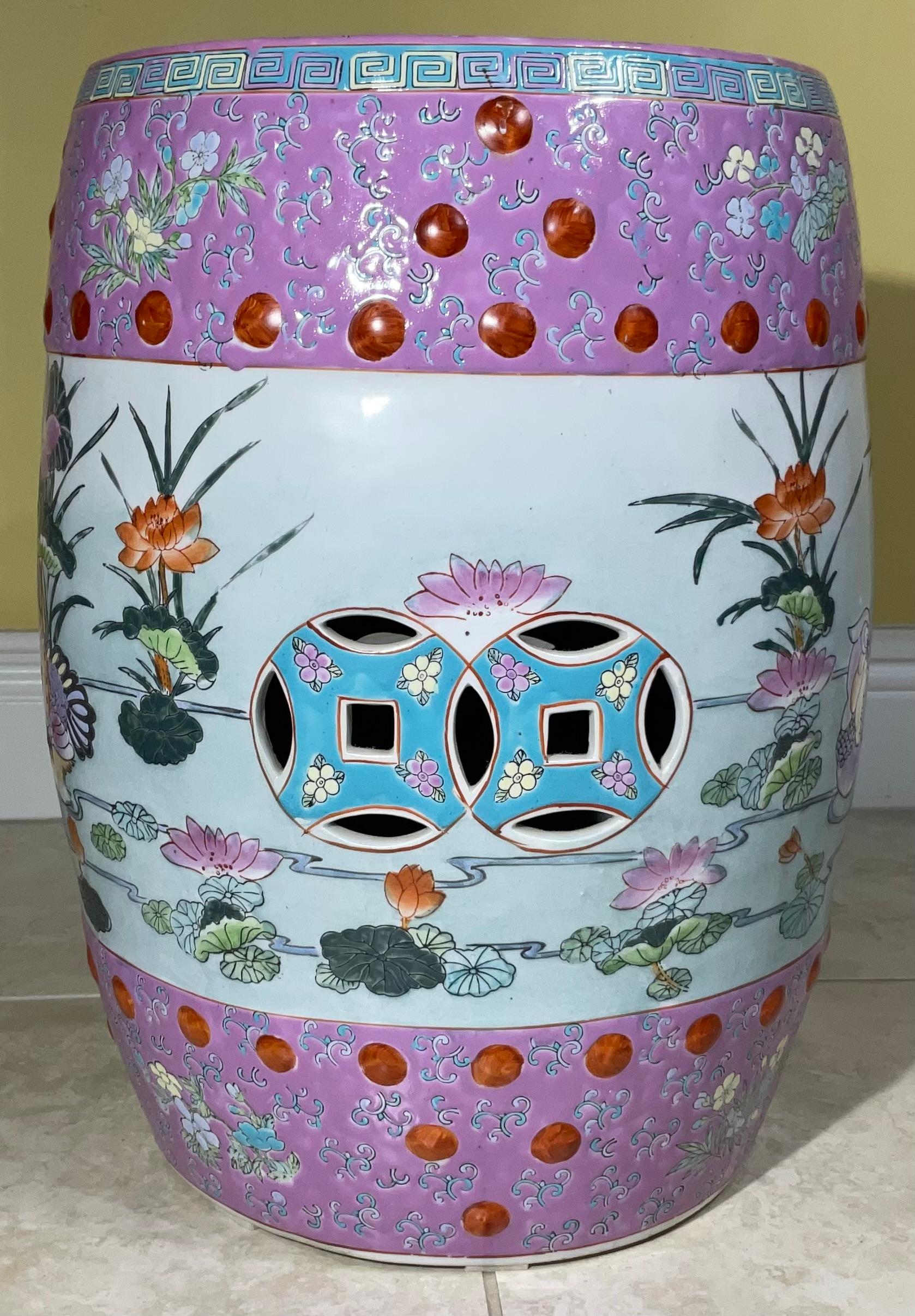 Porcelain Vintage 1960s Mid-Century Chinese Famille Rose Pink Ceramic Garden Stool For Sale