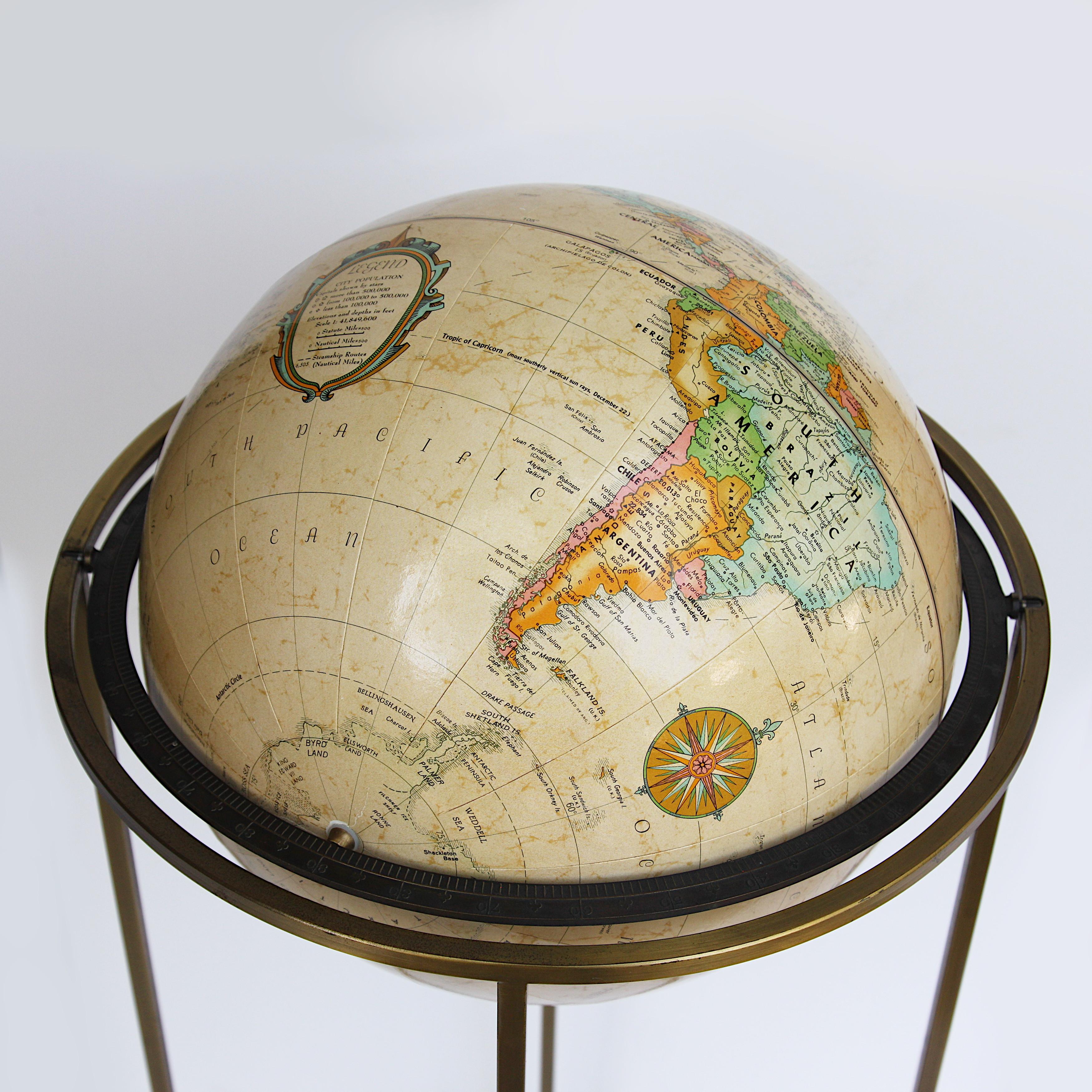 Vintage 1960s Mid-Century Modern Brass Globe by Replogle in Style of Paul Mccobb In Excellent Condition In Lafayette, IN