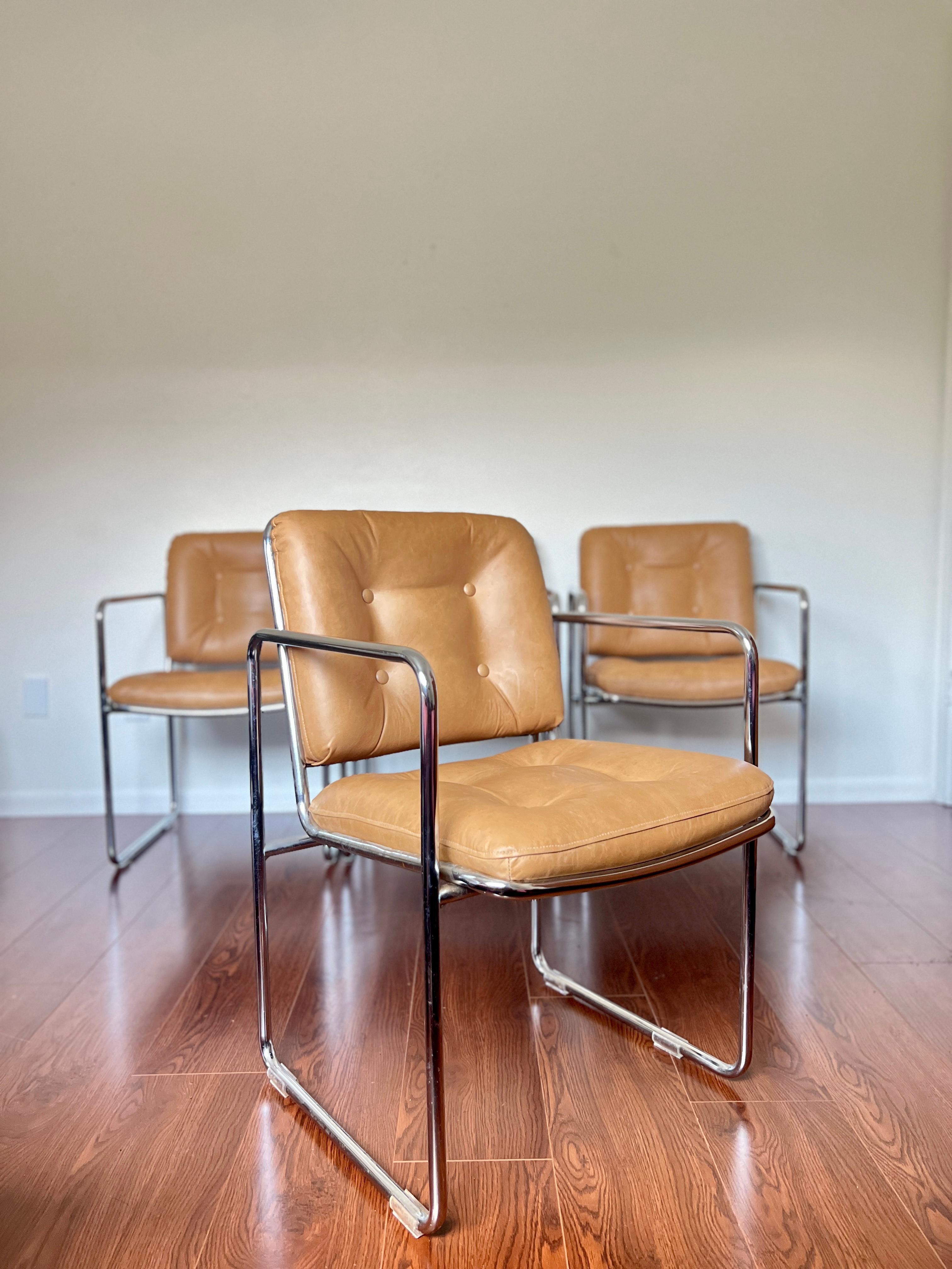 Vintage 1960s Mid-Century Modern Chrome Tubular Leather Tan Chairs by Chromcast 4