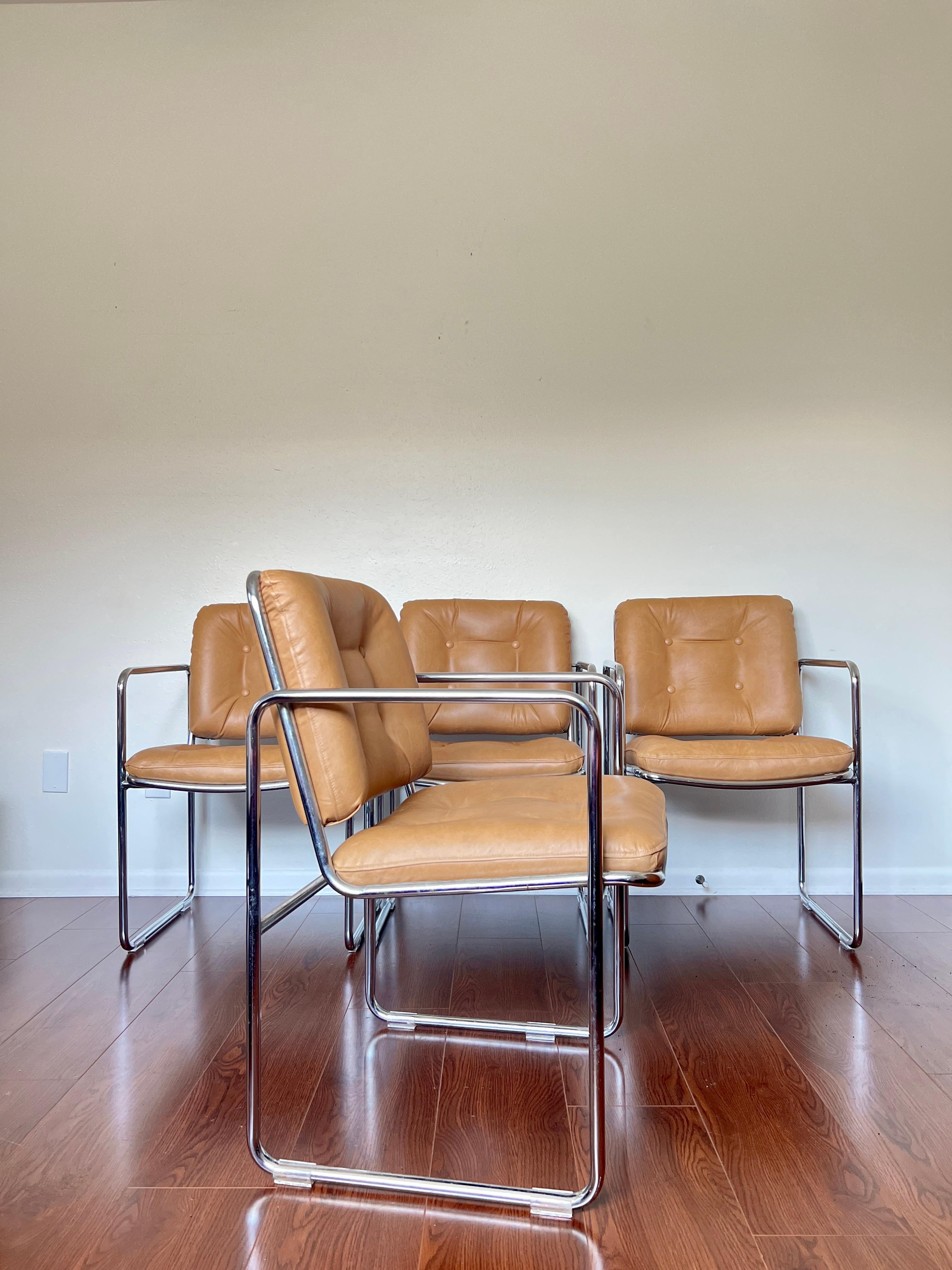 Vintage 1960s Mid-Century Modern Chrome Tubular Leather Tan Chairs by Chromcast 5