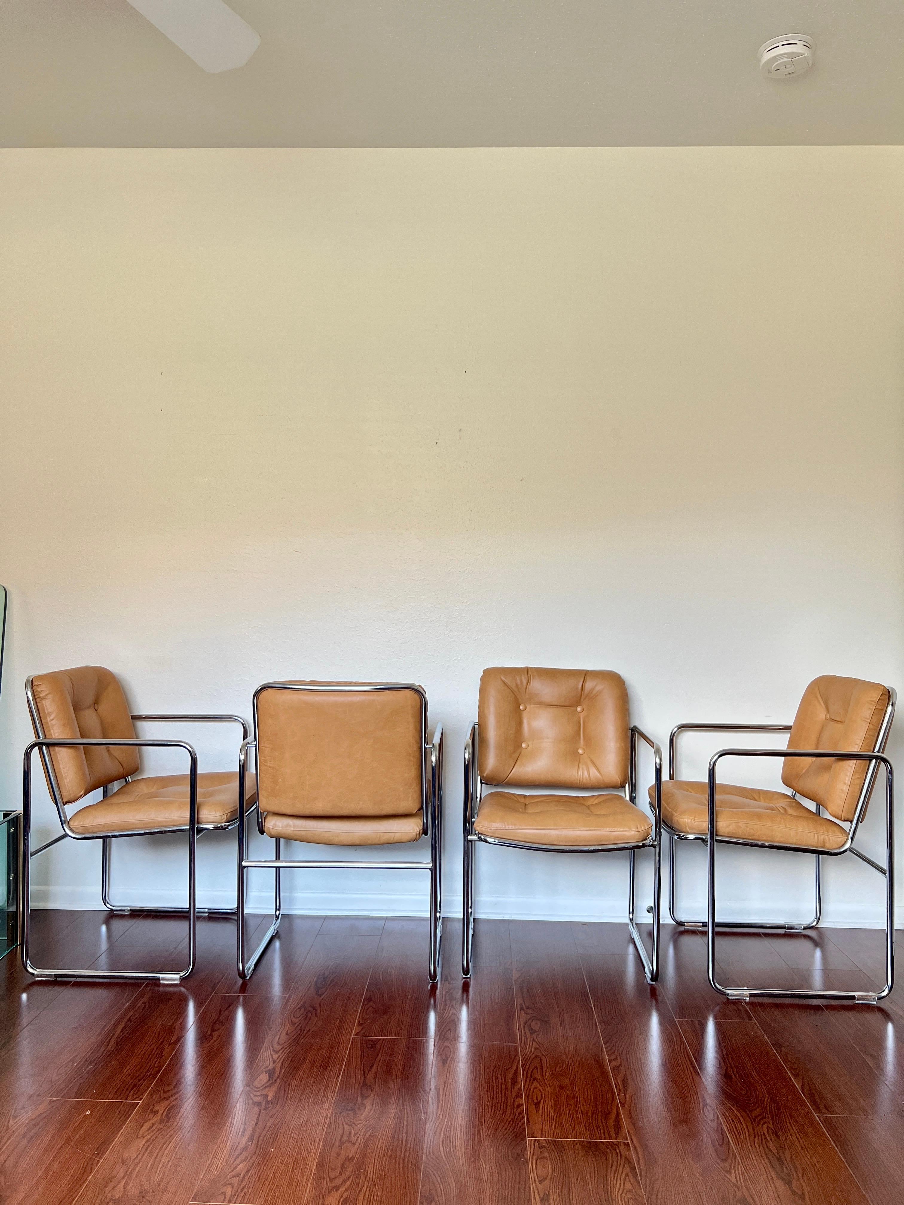 Unknown Vintage 1960s Mid-Century Modern Chrome Tubular Leather Tan Chairs by Chromcast