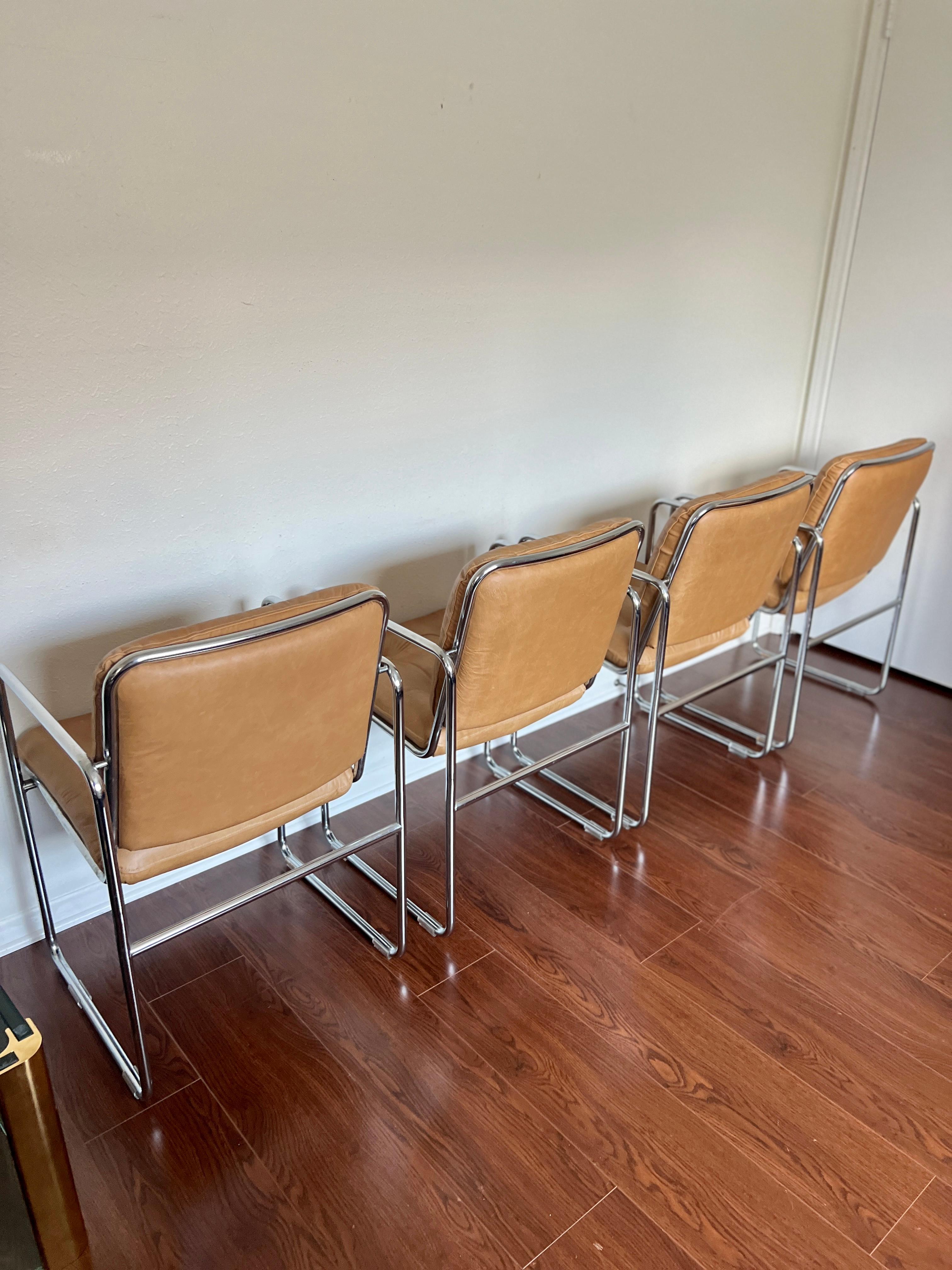 Vintage 1960s Mid-Century Modern Chrome Tubular Leather Tan Chairs by Chromcast In Good Condition In Houston, TX
