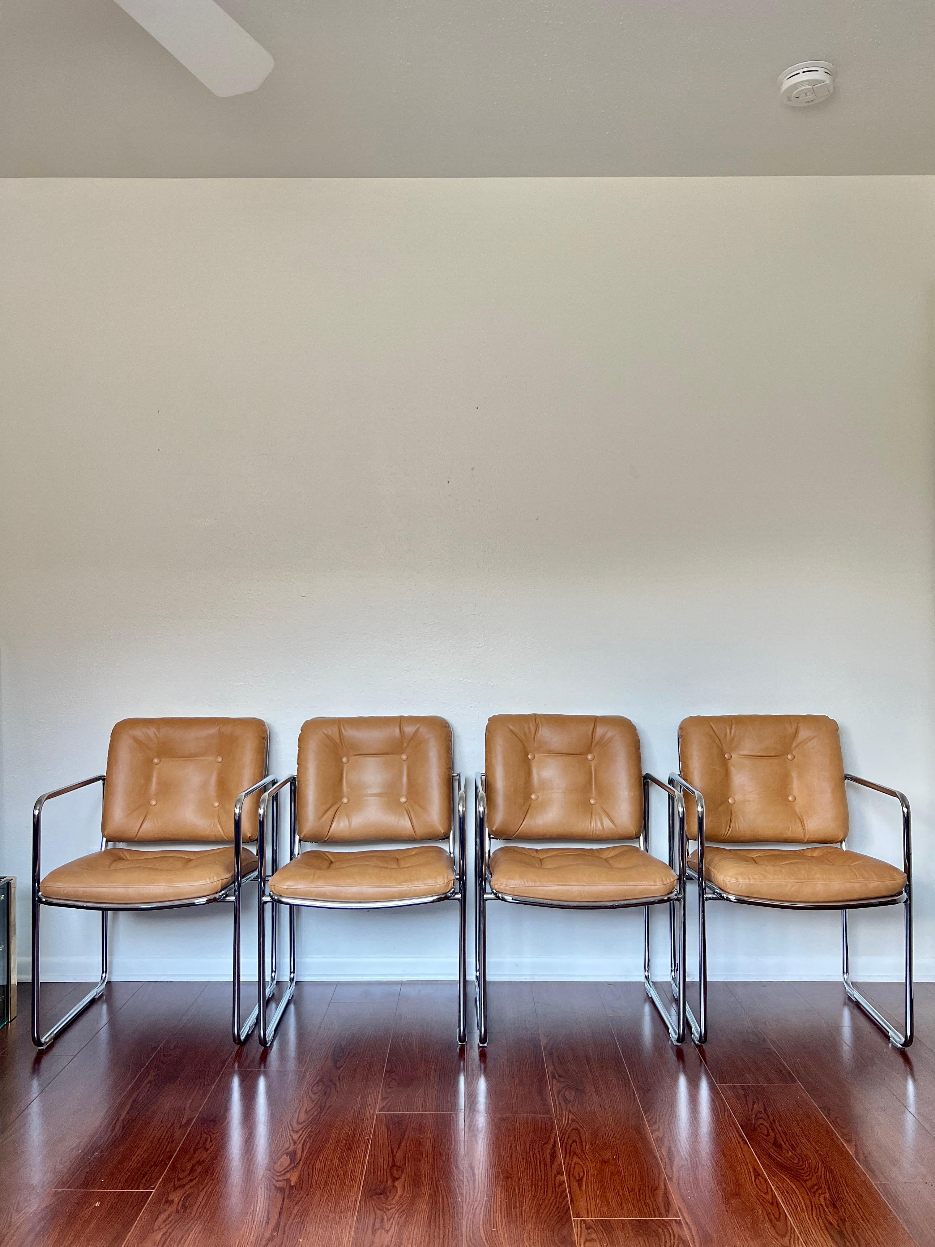 Vintage 1960s Mid-Century Modern Chrome Tubular Leather Tan Chairs by Chromcast 1