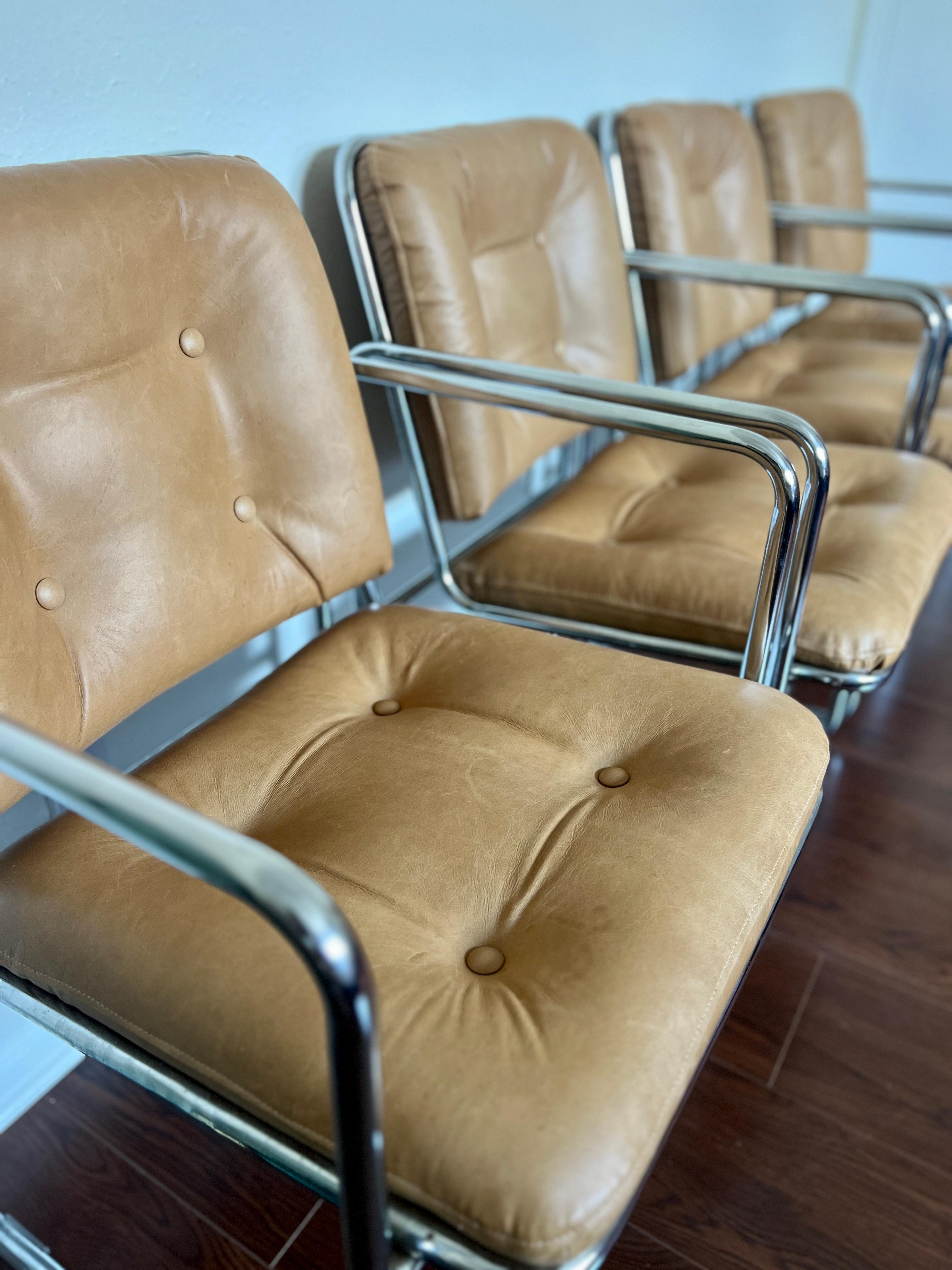 Vintage 1960s Mid-Century Modern Chrome Tubular Leather Tan Chairs by Chromcast 2
