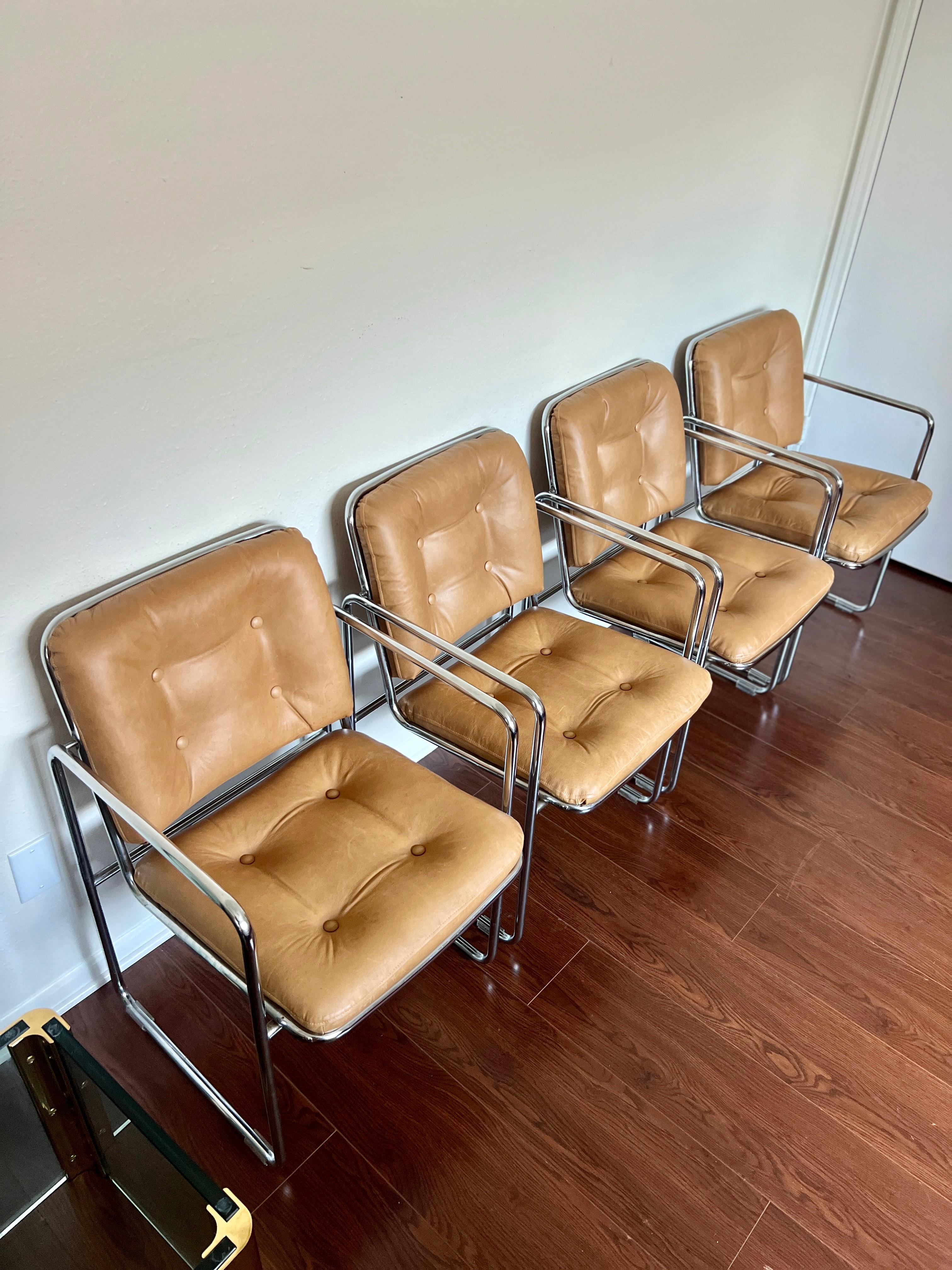 Vintage 1960s Mid-Century Modern Chrome Tubular Leather Tan Chairs by Chromcast 3