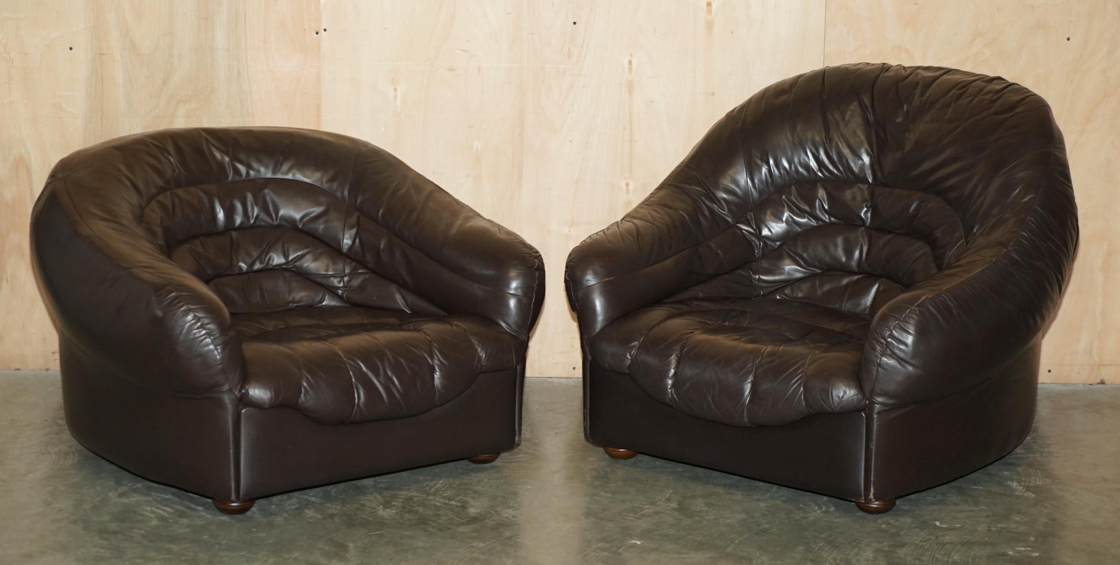 VINTAGE 1960's MID CENTURY MODERN DANISH BROWN LEATHER SOFA & ARMCHAIR SUITE For Sale 3