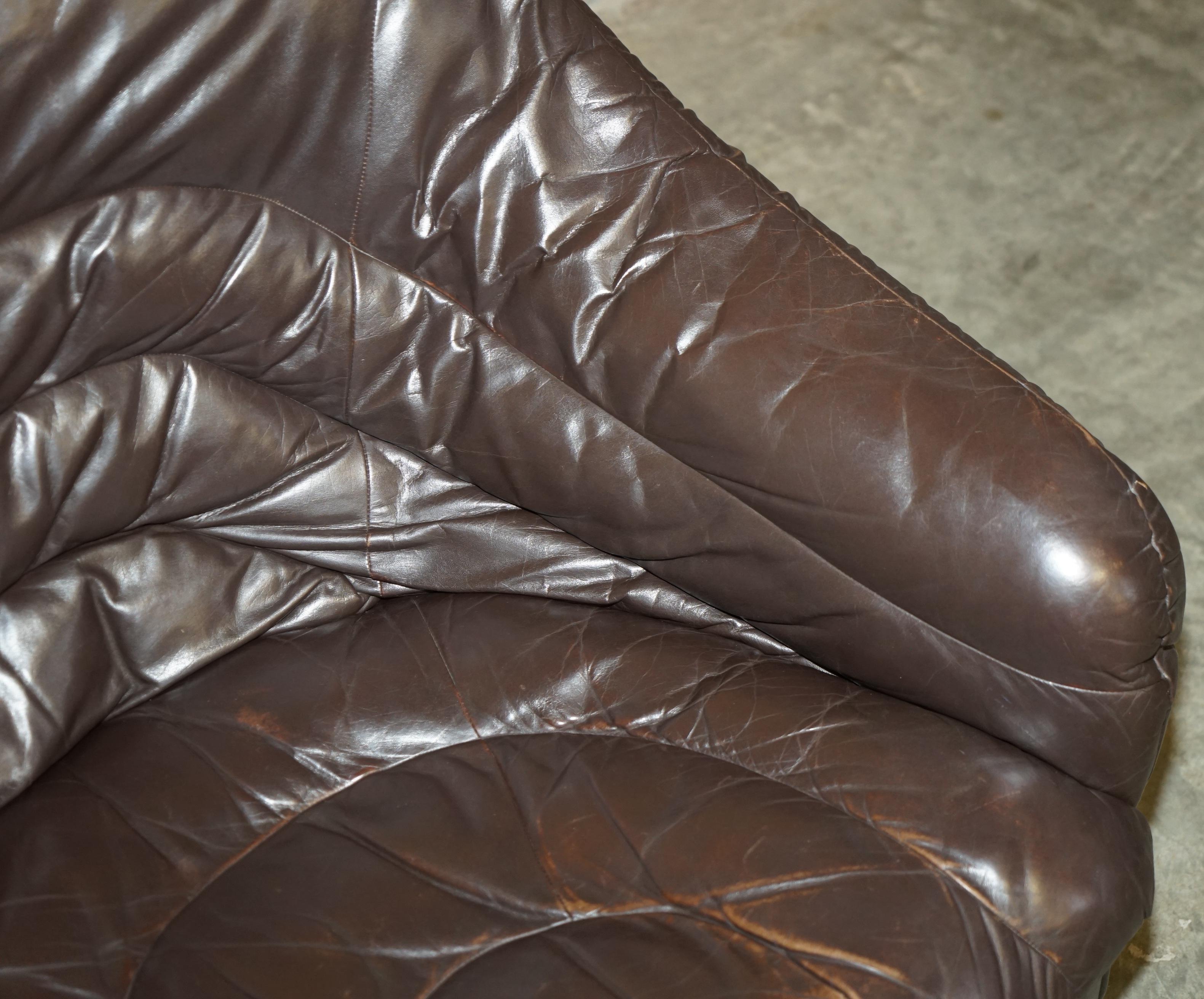 VINTAGE 1960's MID CENTURY MODERN DANISH BROWN LEATHER SOFA & ARMCHAIR SUITE For Sale 6