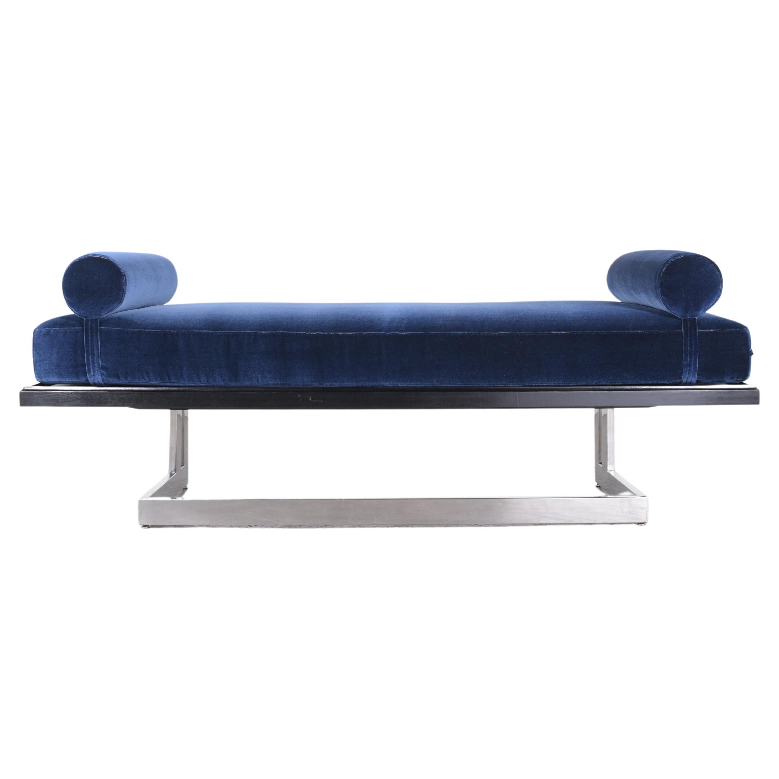 Dive into the world of mid-century aesthetics with our expertly restored Mid-Century Modern Blue Velvet Sofa Bed. Our skilled craftsmen have poured expertise into every detail, from the steel structure to the luxurious upholstery. Boasting a sleek