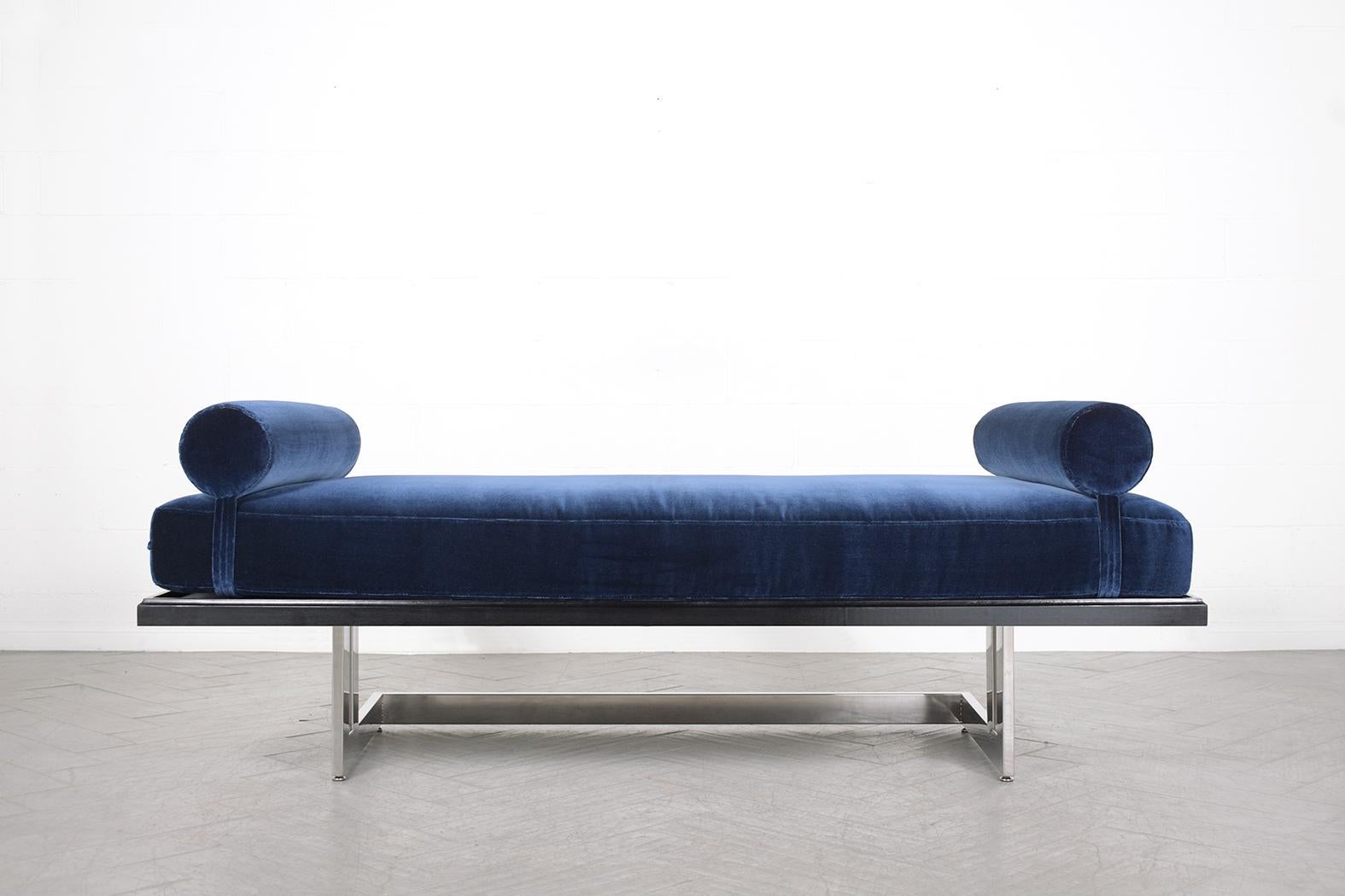 American Restored Mid-Century Modern Daybed in Navy Blue Velvet with Chrome Steel Base For Sale