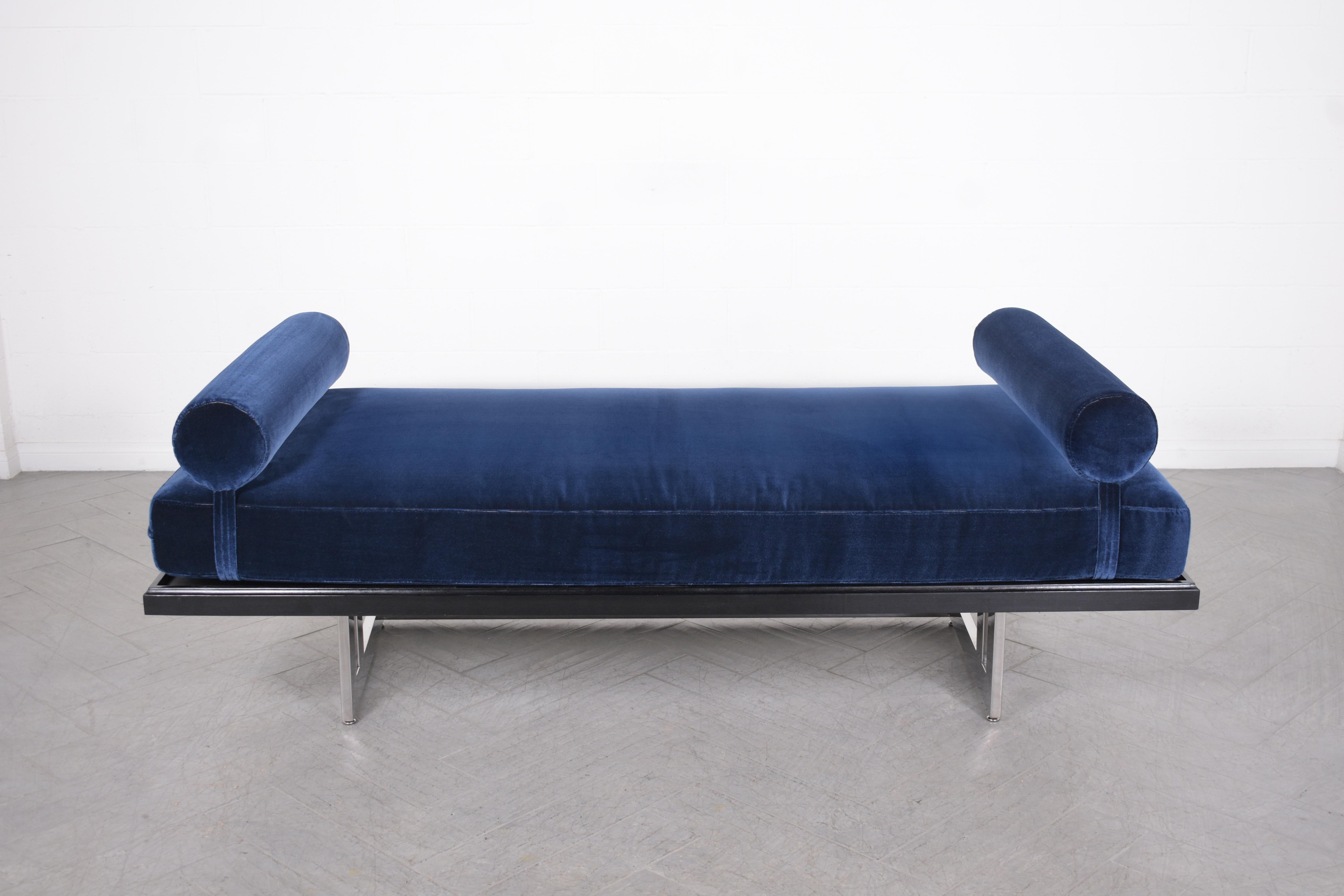 Lacquered Restored Mid-Century Modern Daybed in Navy Blue Velvet with Chrome Steel Base For Sale