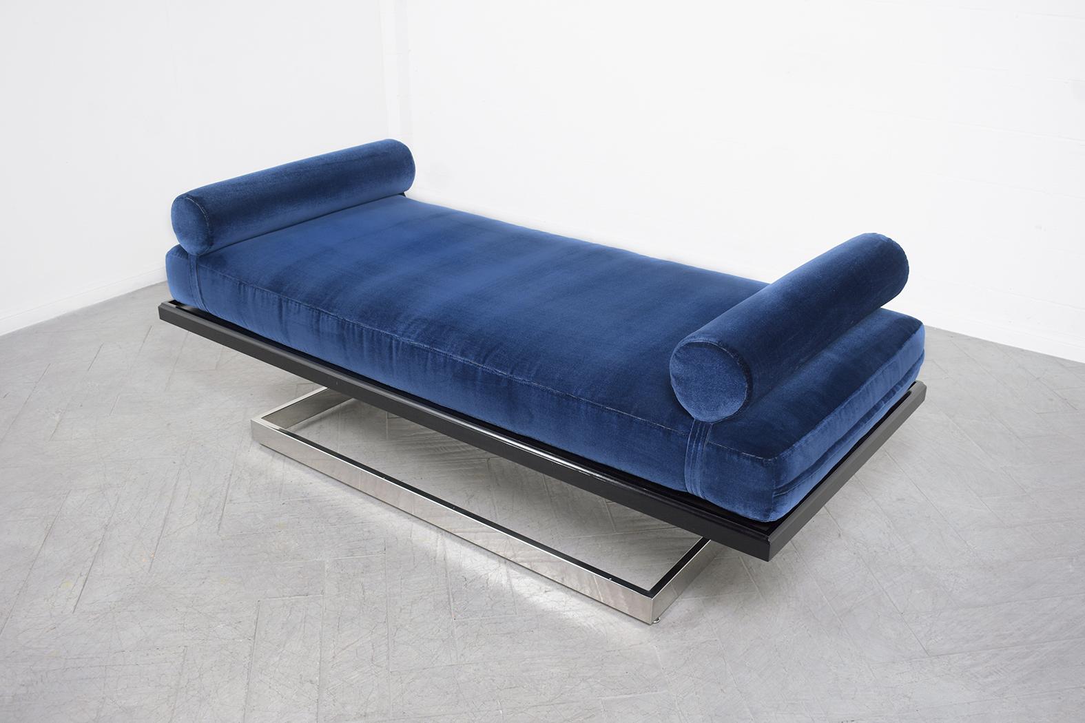 Restored Mid-Century Modern Daybed in Navy Blue Velvet with Chrome Steel Base For Sale 1