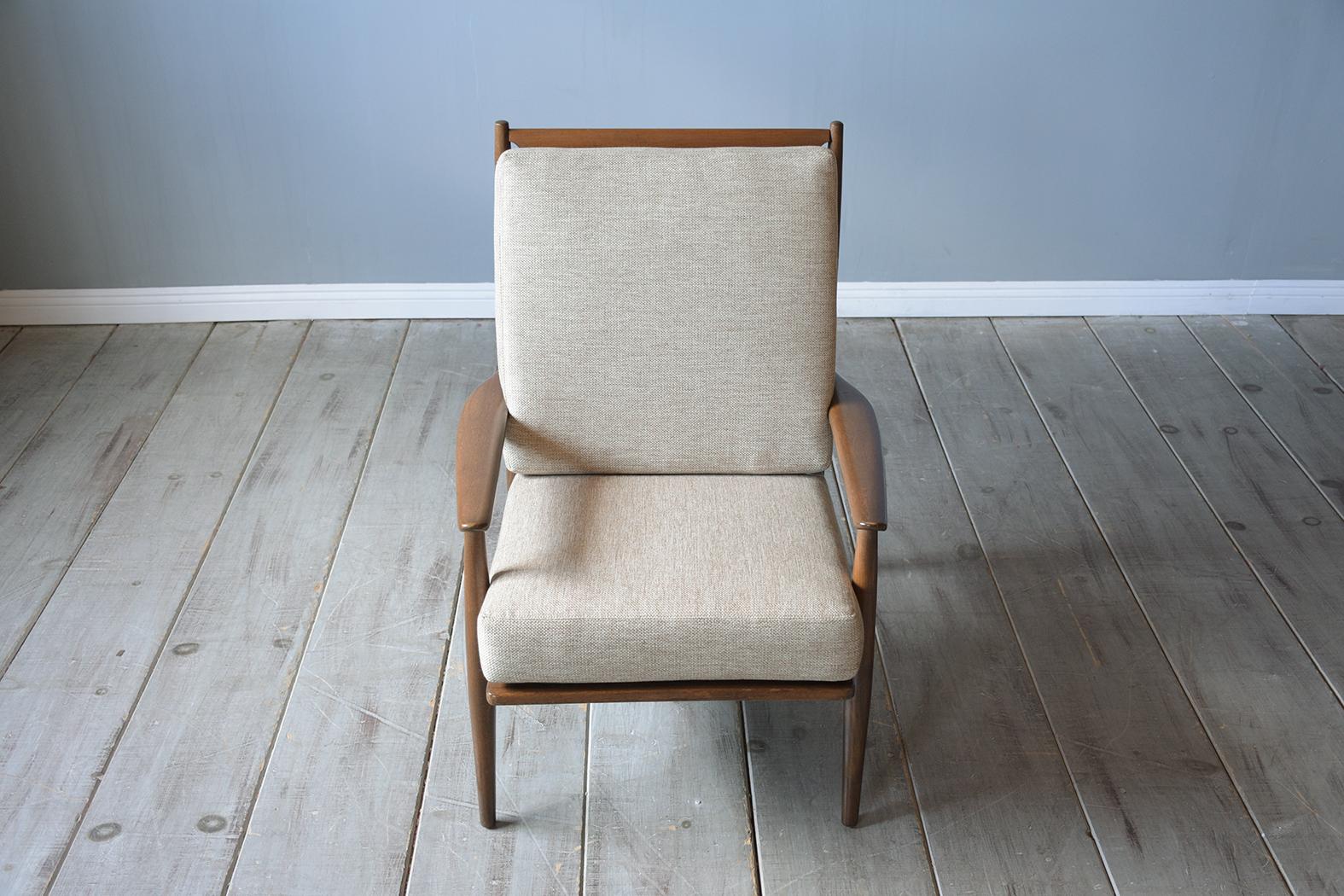 Hand-Carved Vintage Mid-Century Modern Upholstered Walnut Lounge Chair
