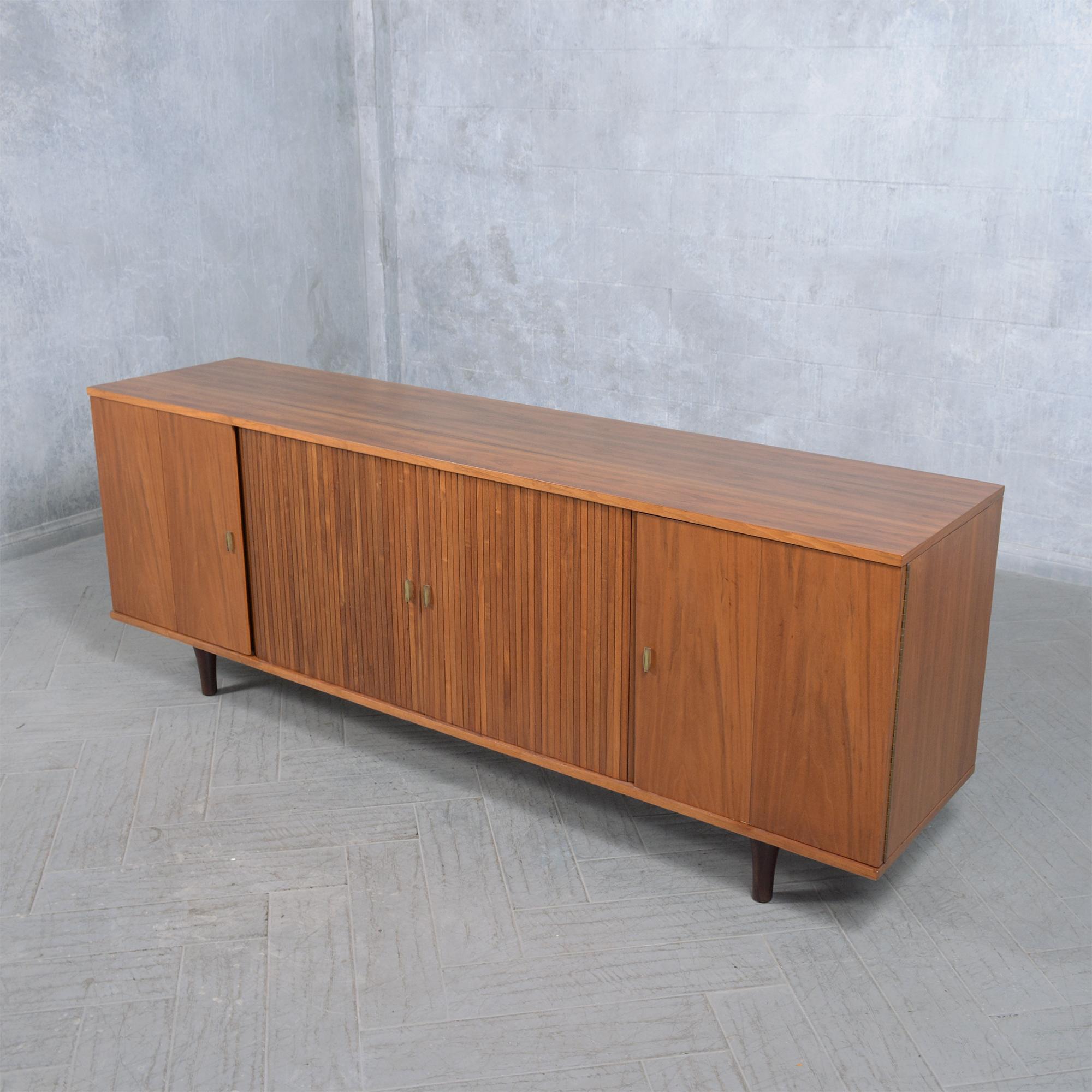 1960s Mid-Century Modern Walnut Credenza with Tambour Doors and Storage For Sale 4