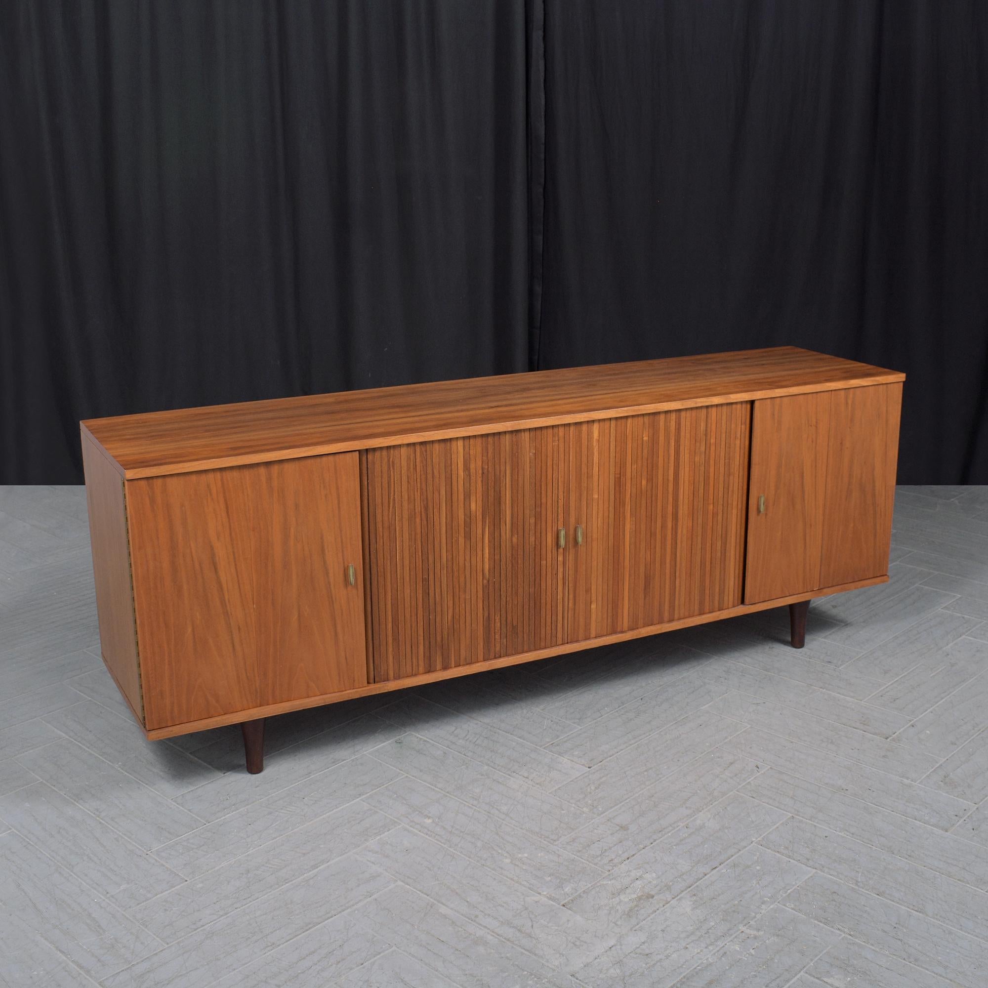 1960s Mid-Century Modern Walnut Credenza with Tambour Doors and Storage For Sale 6