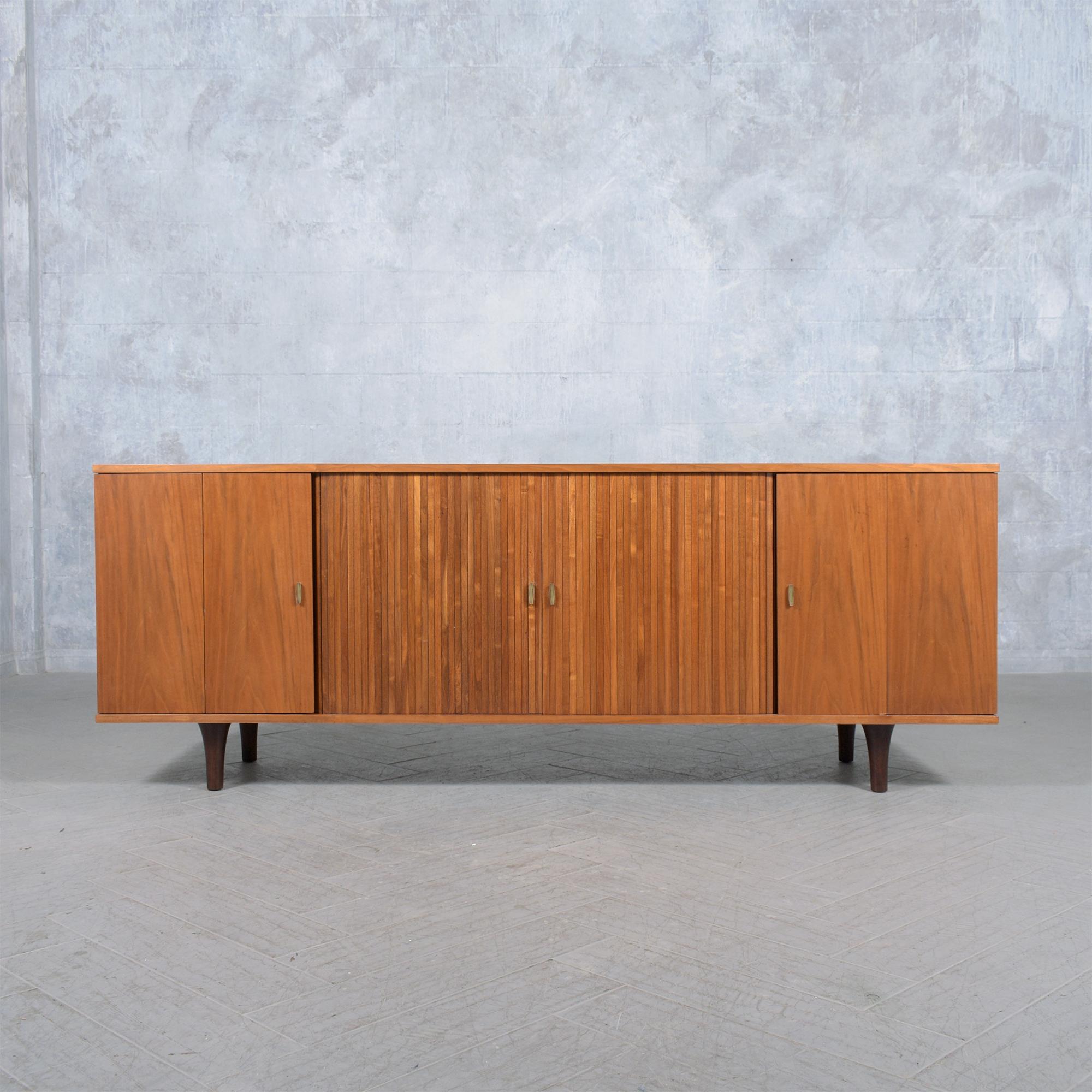 Hand-Crafted 1960s Mid-Century Modern Walnut Credenza with Tambour Doors and Storage For Sale