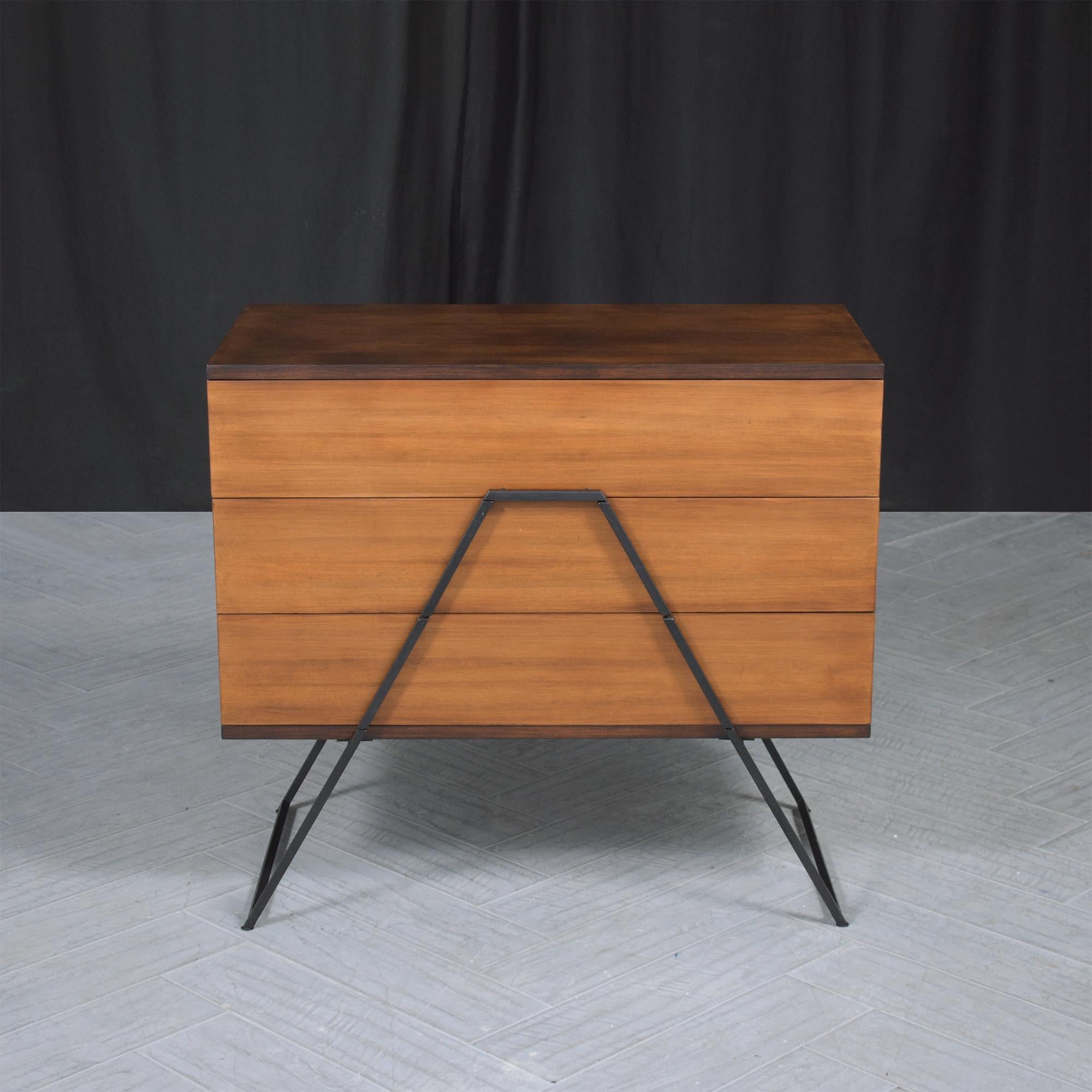 American Restored 1960s Mid-Century Modern Wood Chest with Wrought Iron Handles For Sale