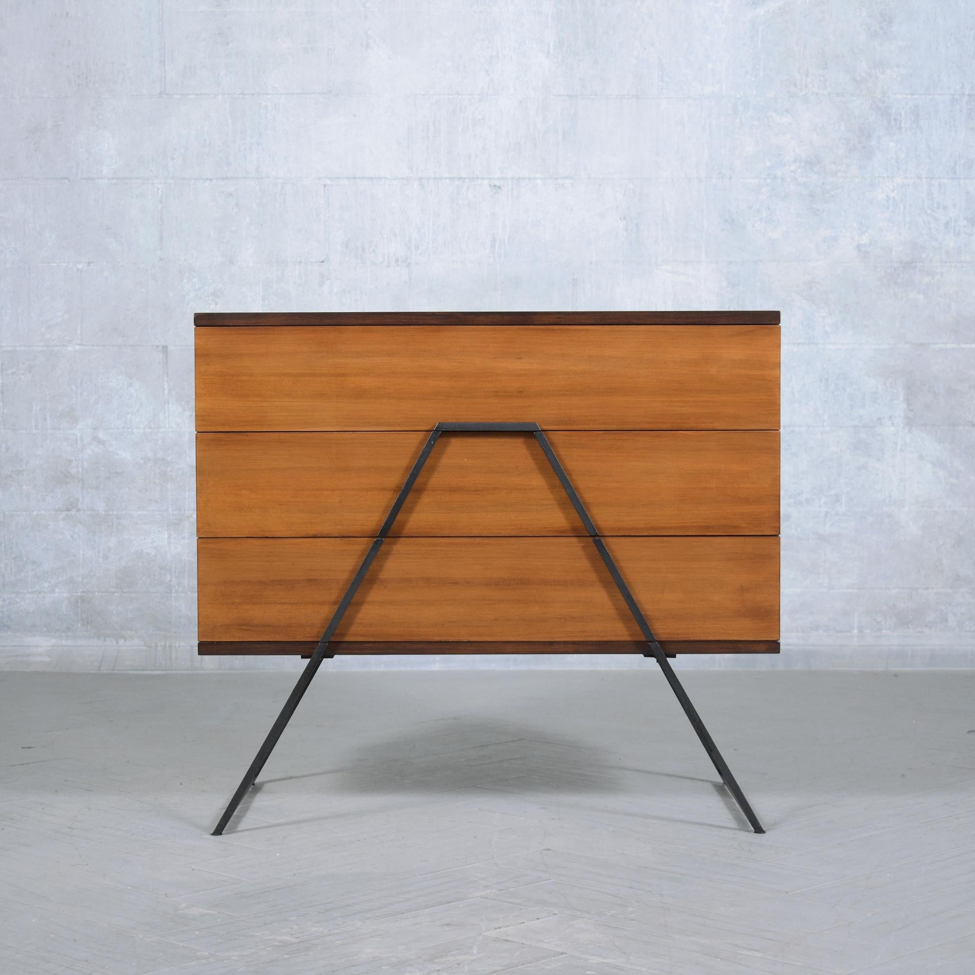 Stained Restored 1960s Mid-Century Modern Wood Chest with Wrought Iron Handles For Sale