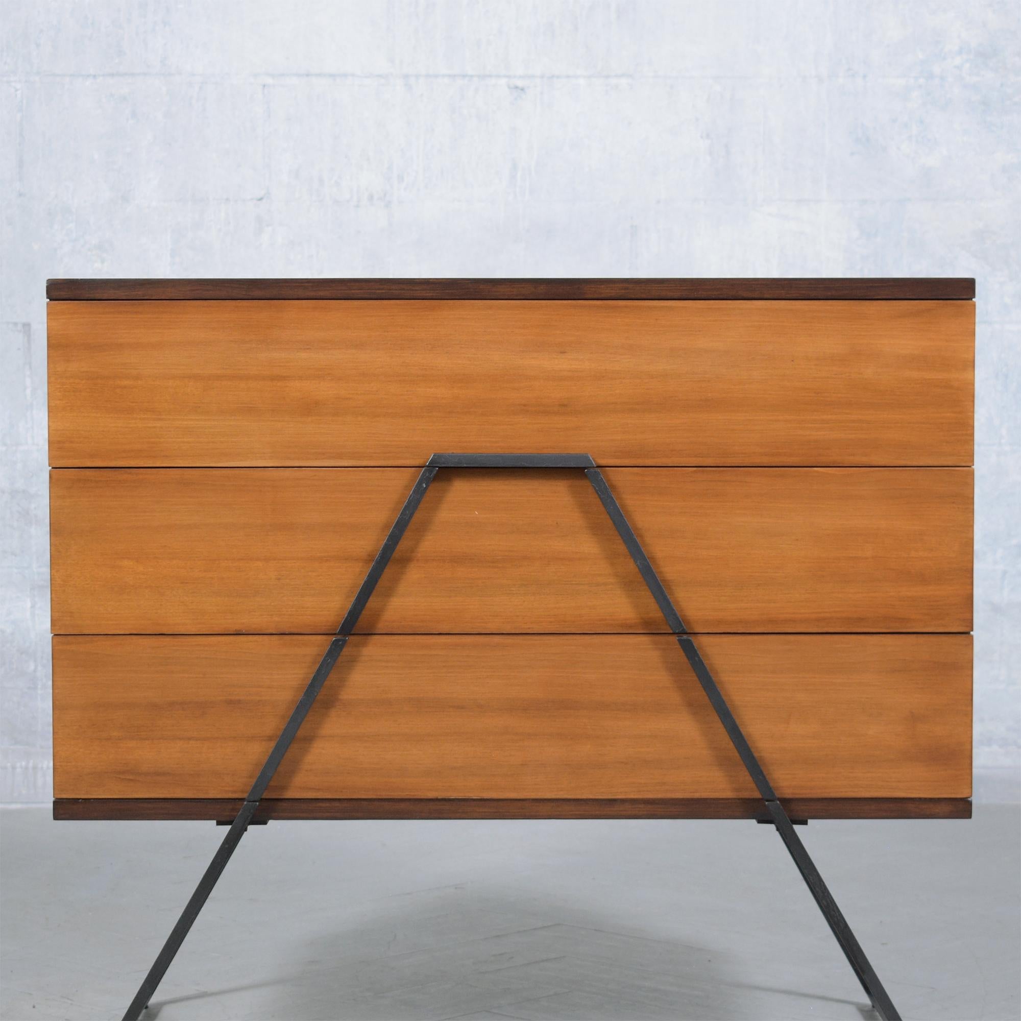 Restored 1960s Mid-Century Modern Wood Chest with Wrought Iron Handles In Good Condition For Sale In Los Angeles, CA