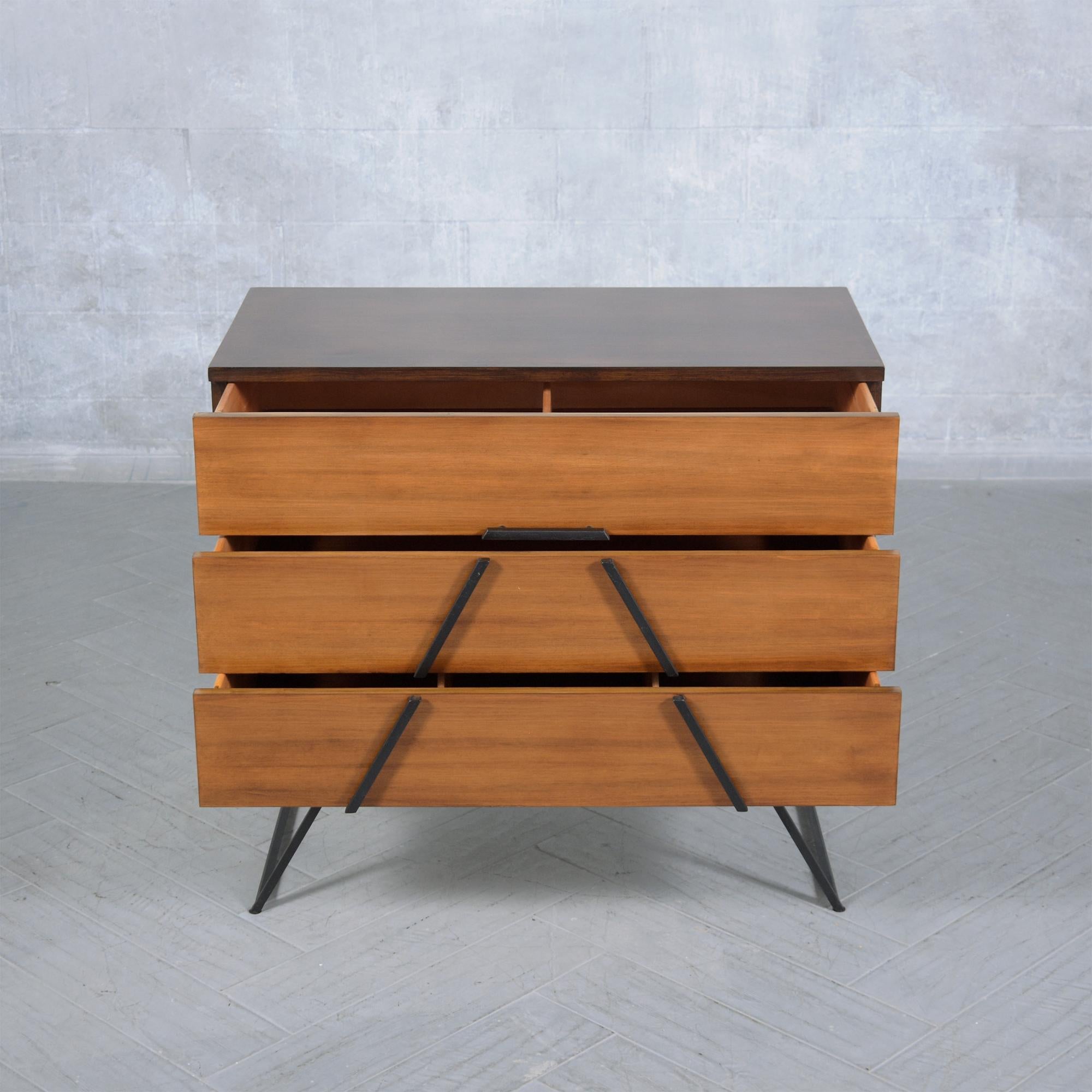 Mid-20th Century Restored 1960s Mid-Century Modern Wood Chest with Wrought Iron Handles For Sale