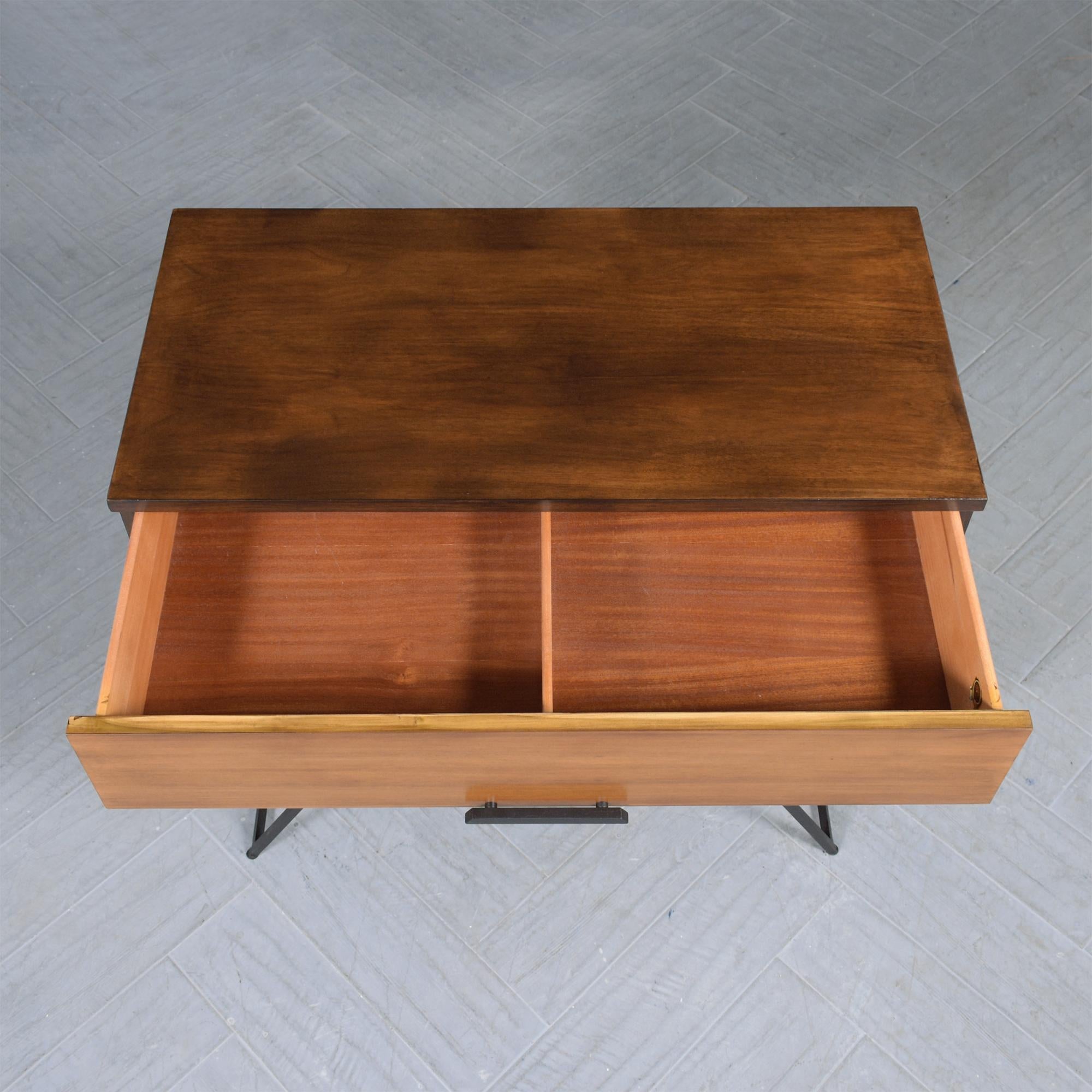 Walnut Restored 1960s Mid-Century Modern Wood Chest with Wrought Iron Handles For Sale